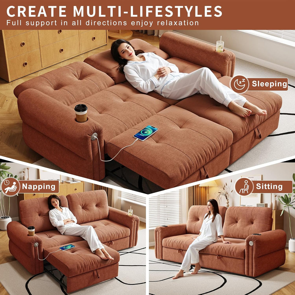 80.4' Queen Sleeper Sofa Bed, 3 in 1 Convertible Pull Out Couch with USB Ports & Cup Holders, Modern Chenille Loveseat Sofabed with Adjustable Backrest for Living Room, Bedroom, Apartment