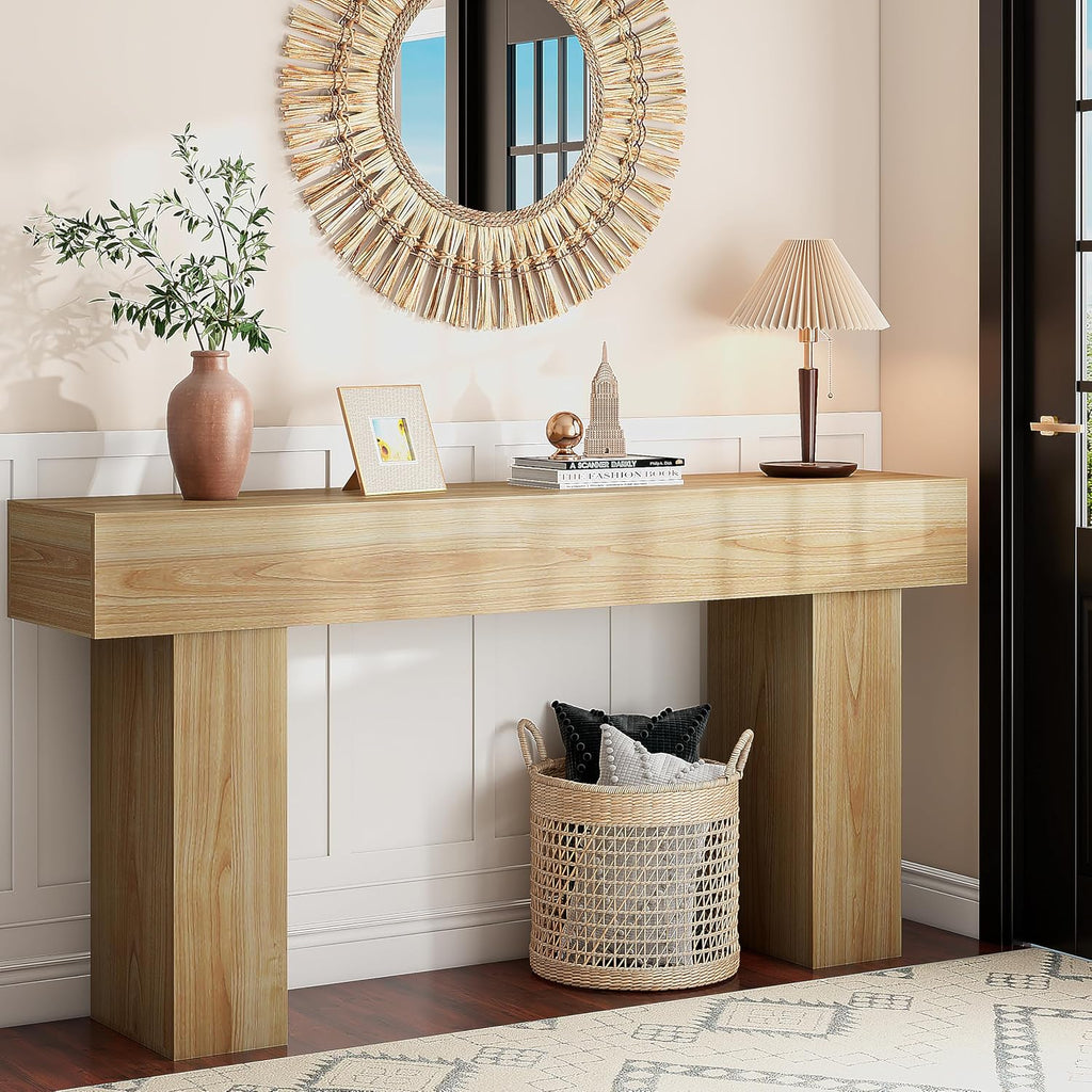 knoworld 63 Inch Long Console Table for Entryway, Farmhouse Wood Rectangular Sofa Table Behind Couch Table, Narrow Entryway Table for Living Room, Entrance, Hallway, Foyer, Easy Assembly (Natural)