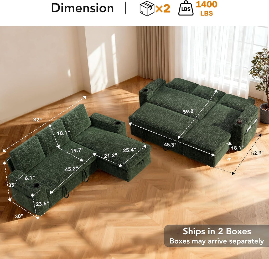 Sunny Heart L-Shaped Sleeper Sofa with Pull Out Bed, 82' Sectional Couch with Reclining Backrest, Reversible Storage Chaise, Armrest Storage, Cup Holders, and Side Pockets, Tool-Free Assembly, Green
