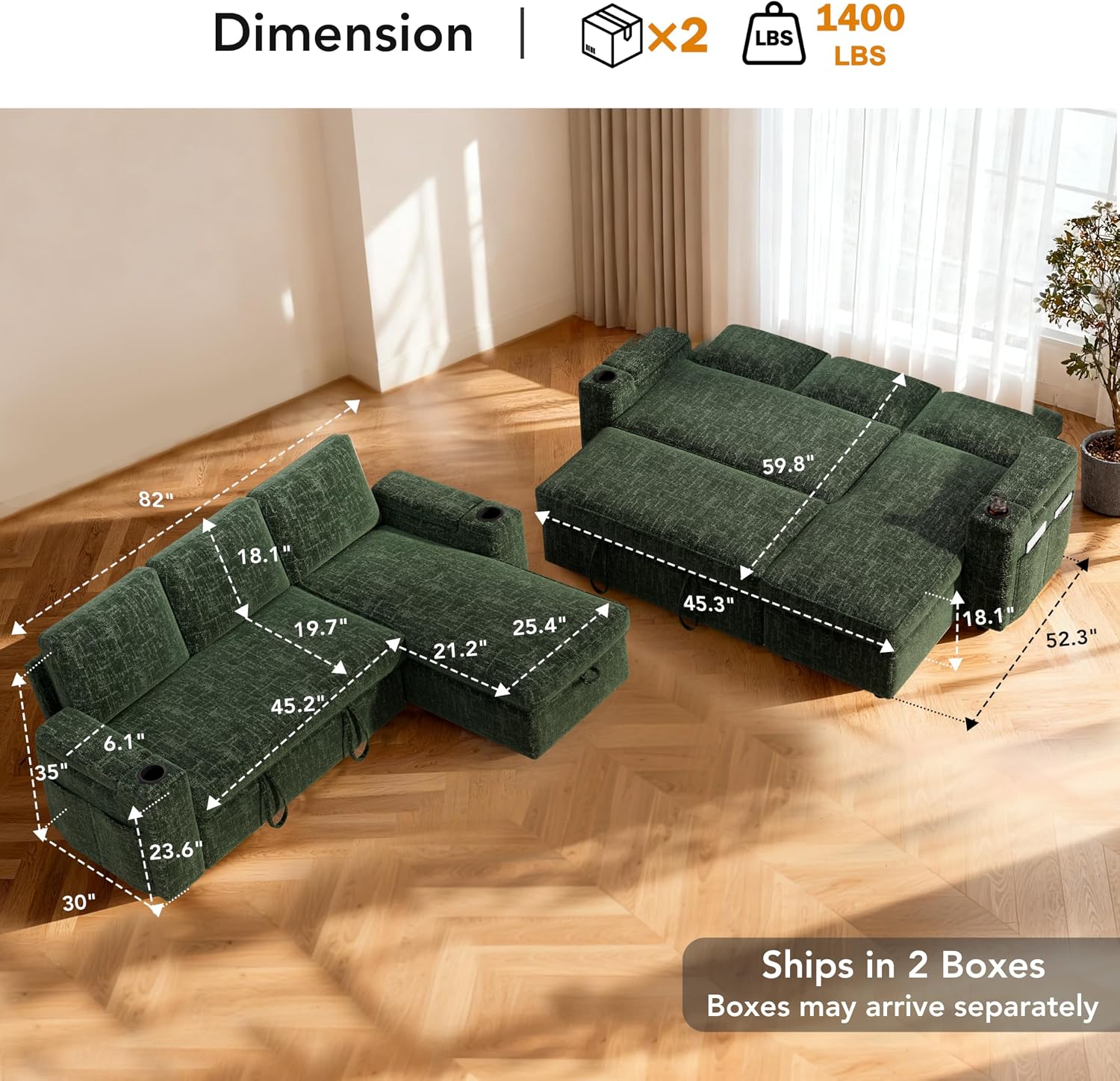 Sunny Heart L-Shaped Sleeper Sofa with Pull Out Bed, 82' Sectional Couch with Reclining Backrest, Reversible Storage Chaise, Armrest Storage, Cup Holders, and Side Pockets, Tool-Free Assembly, Green