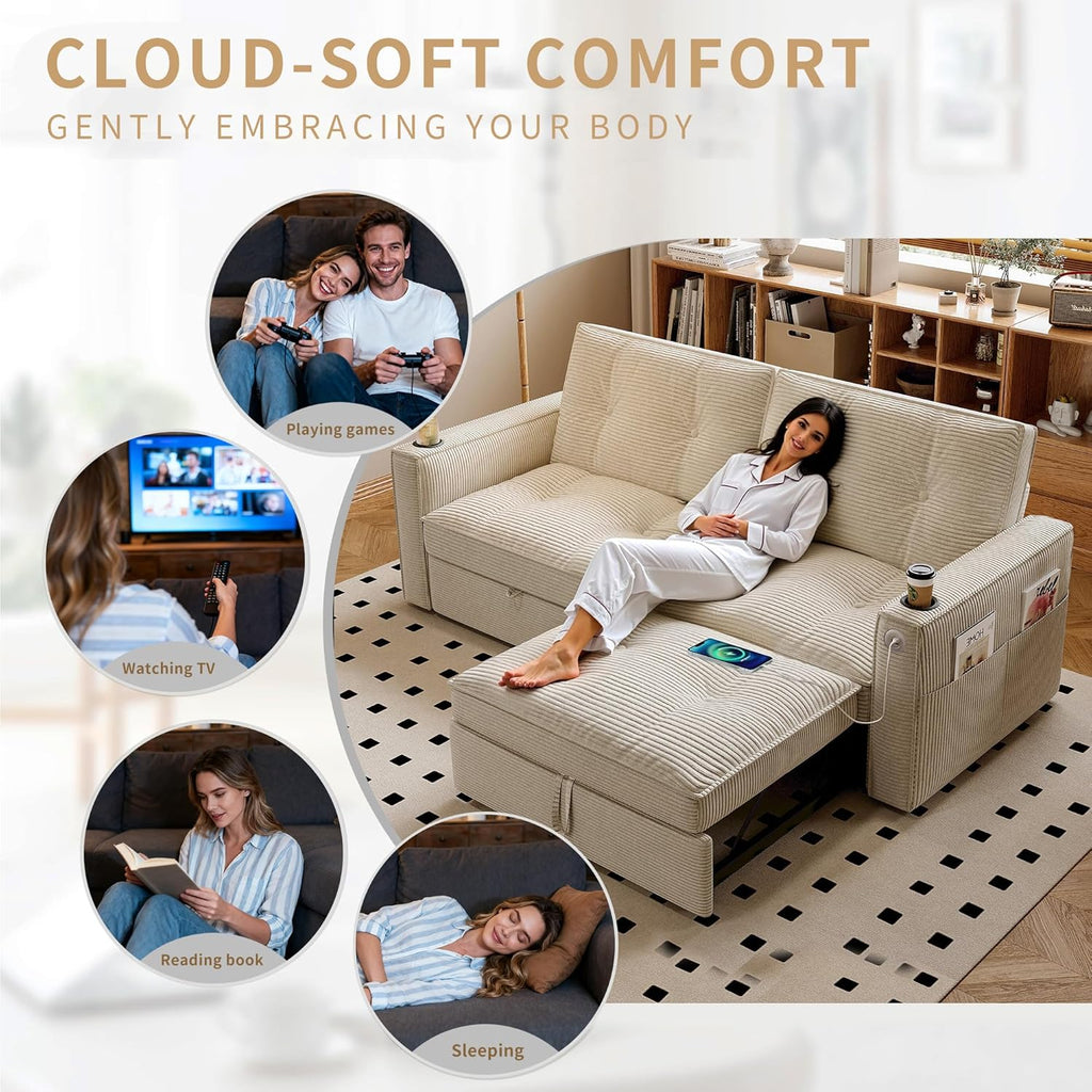73' Queen Size Sofa Bed, Loveseat Sleeper Sofa with Pull Out Bed, Pockets and USB, Modern 2 Seater Convertible Small Couch for Living Room Bedroom Apartment (Beige, Corduroy)