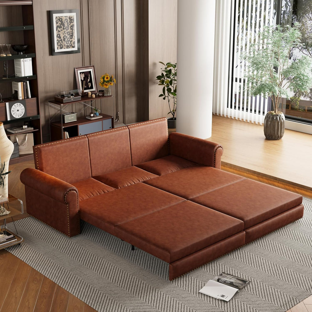 93.7' King Size Sofa Bed Couch,PU Leather 3-in-1 Convertible Pull Out Sleeper Sofa Bed,Chesterfield Sofa with Nailhead Trim and Rolled Arm,Light Brown