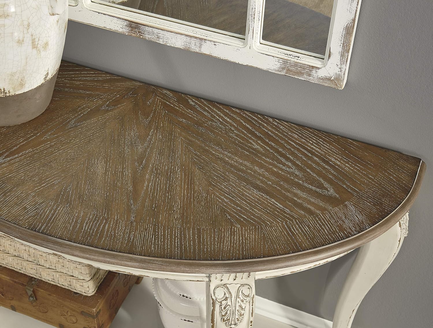Signature Design by Ashley Realyn French Country Semi-Circle Console Table, White & Brown