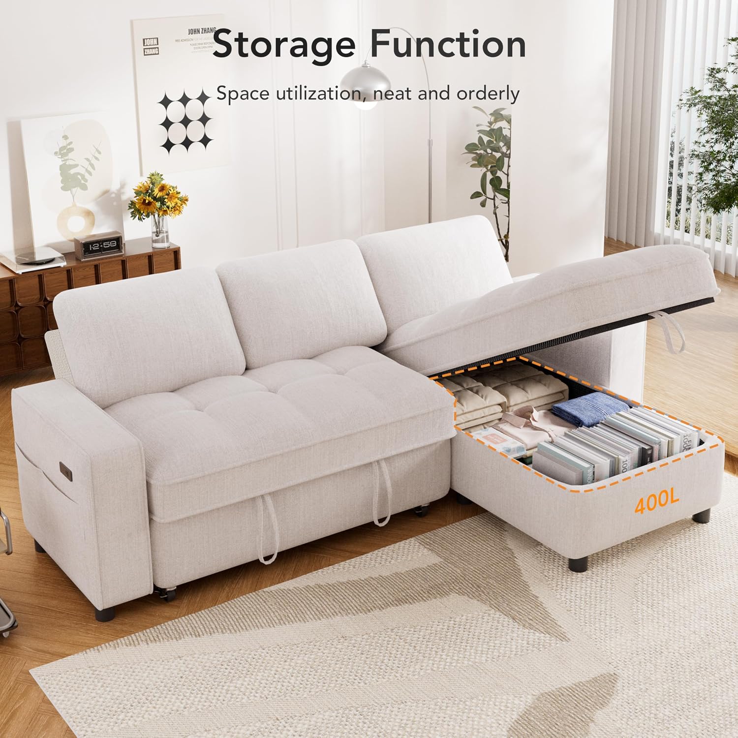 Sunny Heart Chenille Sleeper Sofa Bed, 81' L Shaped Couch Sleeper Sofa, Pull Out Couch Bed with Reclining Backrest | Reversible Storage Chaise | USB Port | Side Pocket | Tool-Free Assembly | Beige