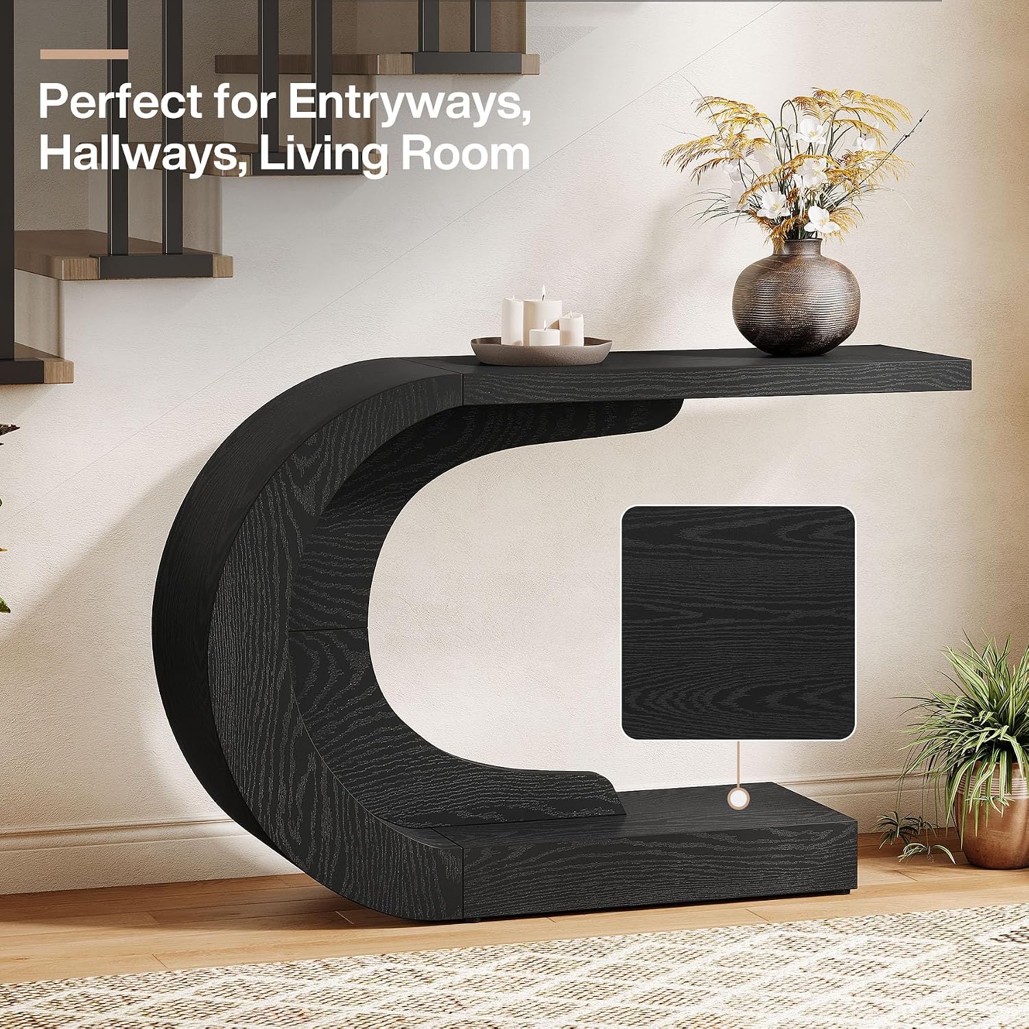 Tribesigns 43.3' Mid-Century Modern Console Table for Entryway, Wood C-Shaped Hallway Entry Accent Table for Living Room, Entrance, Foyer, Easy Assembly, Black
