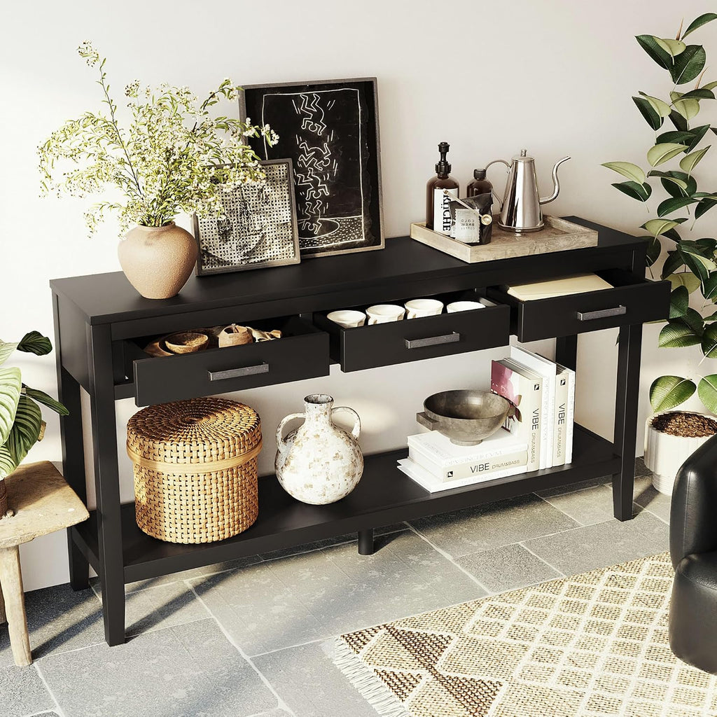 Merax Entryway Console Table, with 3 Storage Drawers, Bottom Shelf Design/Wood Frame/Behind Couch & Sofa, Black