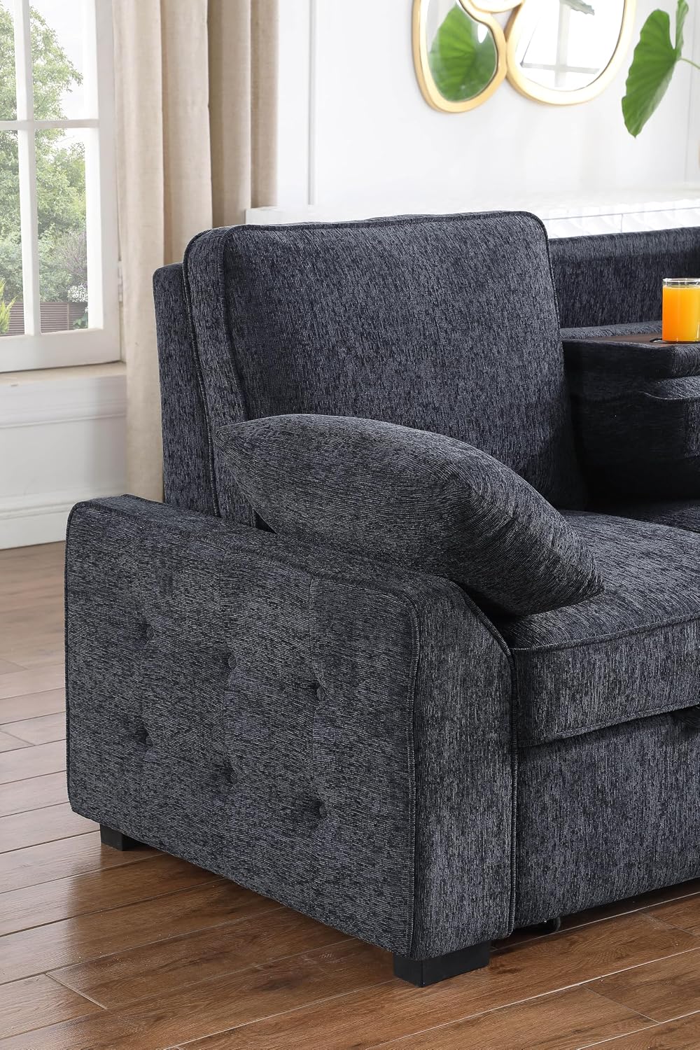 ERYE L-Shaped Pull Out Sleeper Sofa Bed, Modern Chenille Upholstered Button Tufted Corner Reversible Sleeper Sectional Sofa Couch with Storage Chaise, Drop-Down Table, Cup Holders and Charging Ports