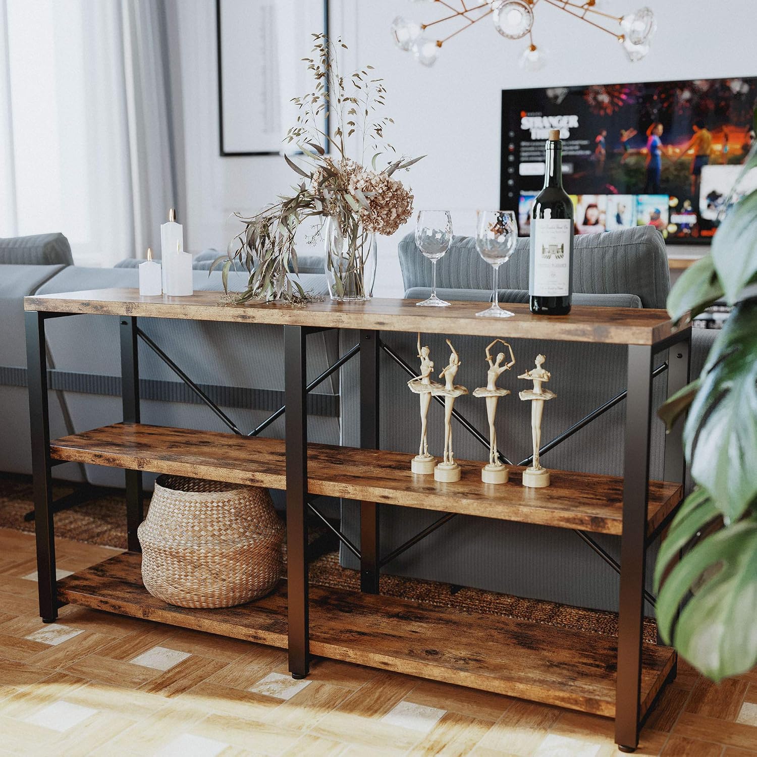 IRONCK Rustic Entryway Console Table, Long Hallway Table 55 in 3-Tier, TV Stand Entertainment Center Media Stand for Living Room, Industrial Style, Vintage Brown | Rustic, Long, Living Room