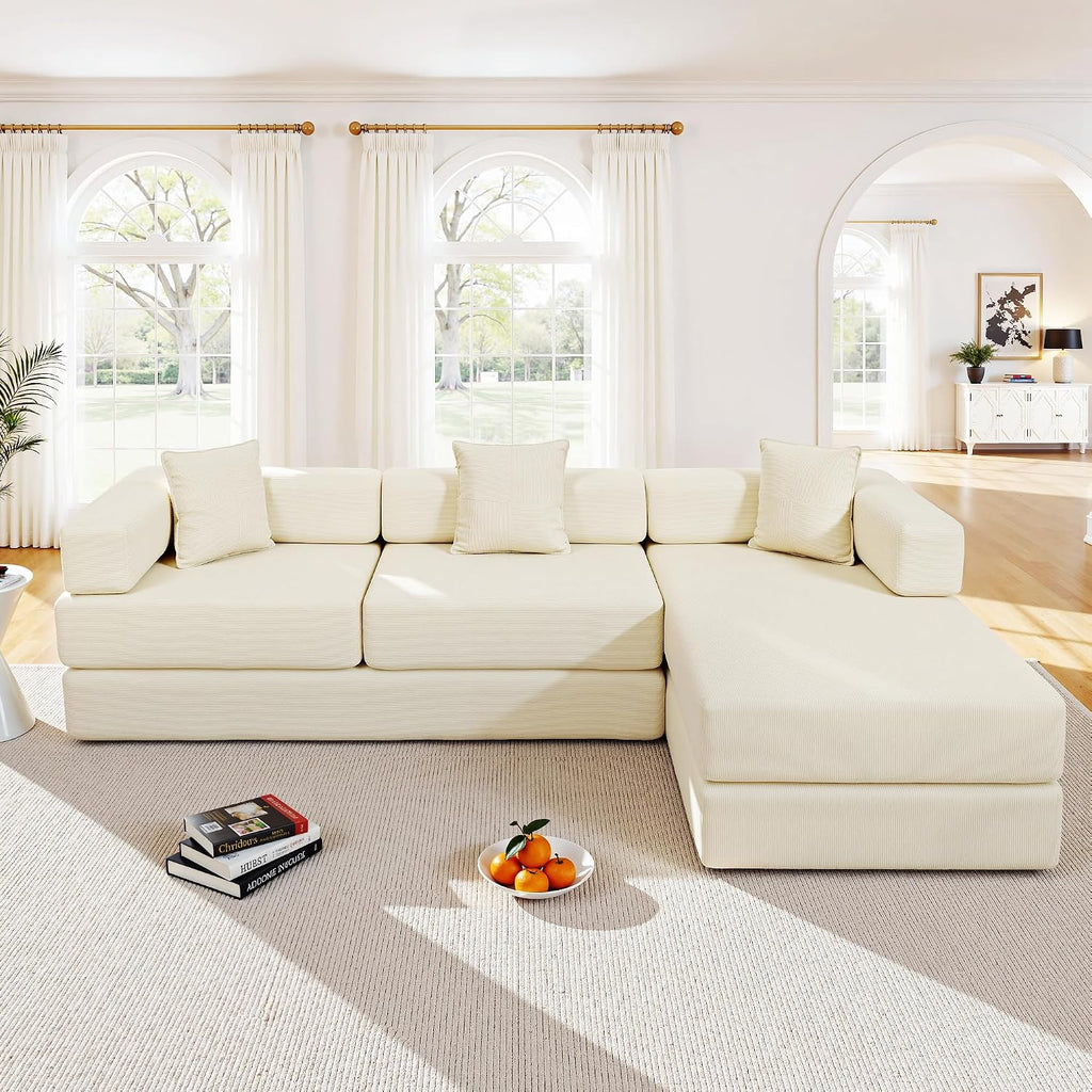 ivoros 108' Oversized Convertible Sleeper Sofa Bed, Corduroy L Shape Sectional Couch, Folding Sofa Bed with Fixed-Shape Frame, Modern Cloud Floor Mattress Couch, Modular Sofa for Living Room, Beige
