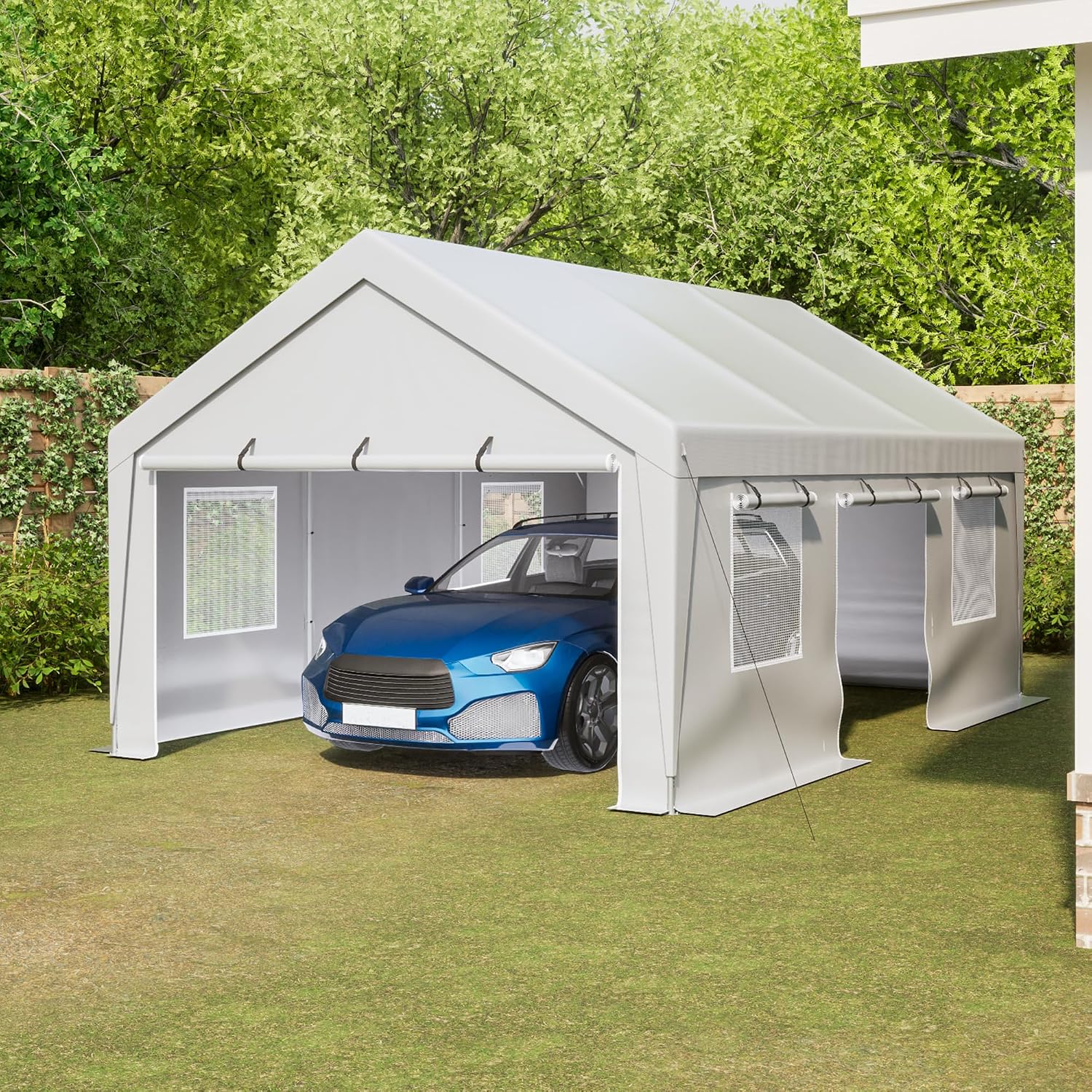 Aprilsoul Outdoor 13x20 FT Carport, Duty Canopy Storage Shed with Mesh Windows and Galvanized Steel Tube, All-Season Tarp, Wide Range of Appliaction for Car, Boat and Reunion, White