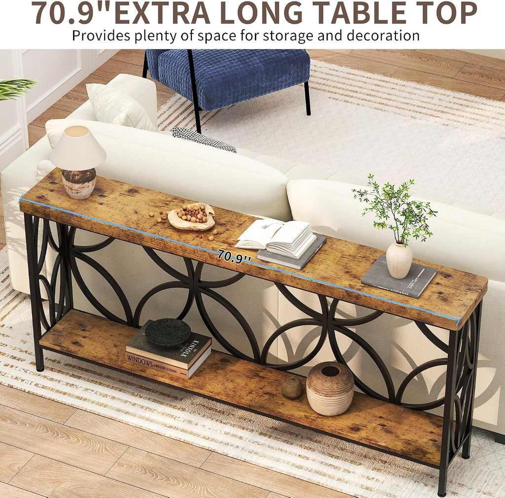 karlott 70.9 inch Extra Long Console Table, Industrial Sofa Table Behind Couch with 2 Tier Storage Shelf, Narrow Long Entryway Table for Living Room, Foyer, Hallway, Office, Rustic Brown