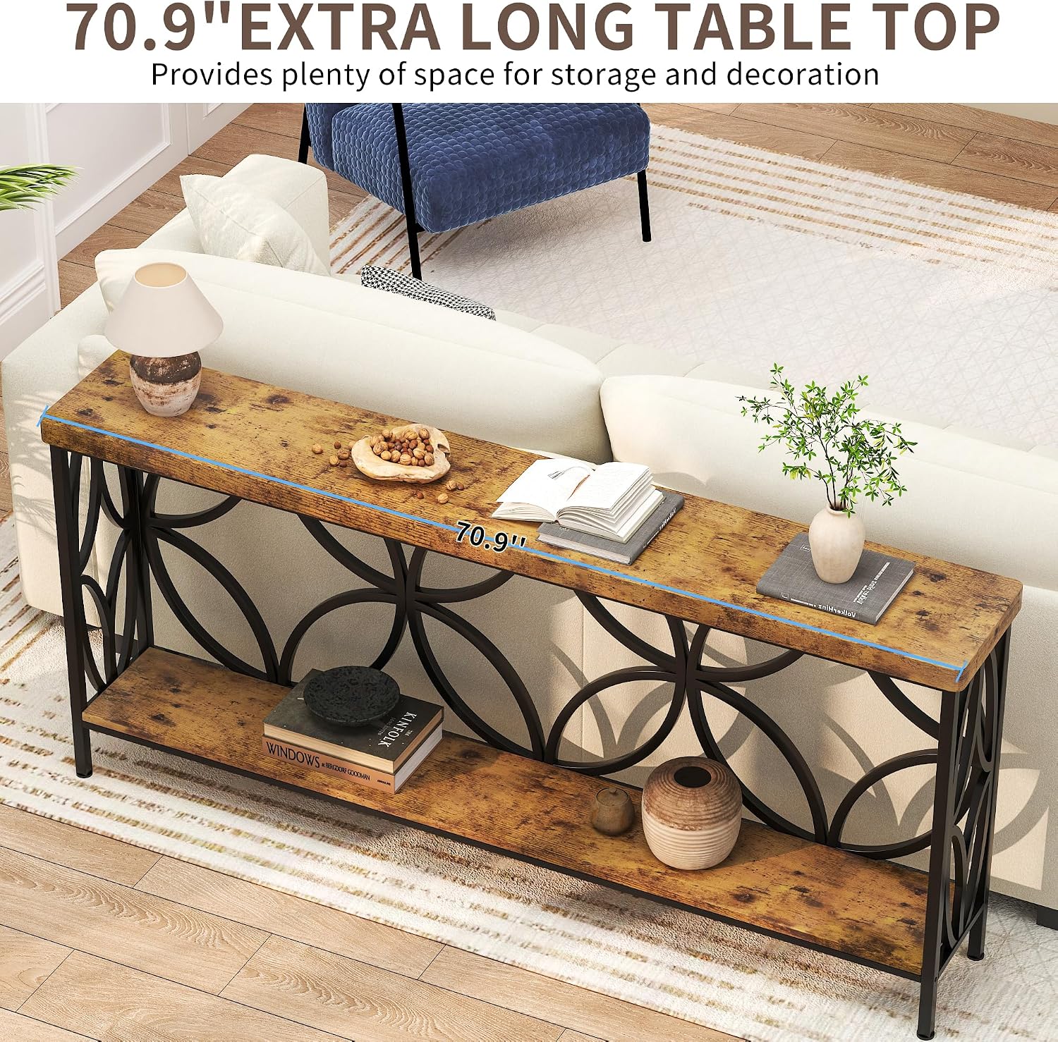 karlott 70.9 inch Extra Long Console Table, Industrial Sofa Table Behind Couch with 2 Tier Storage Shelf, Narrow Long Entryway Table for Living Room, Foyer, Hallway, Office, Rustic Brown