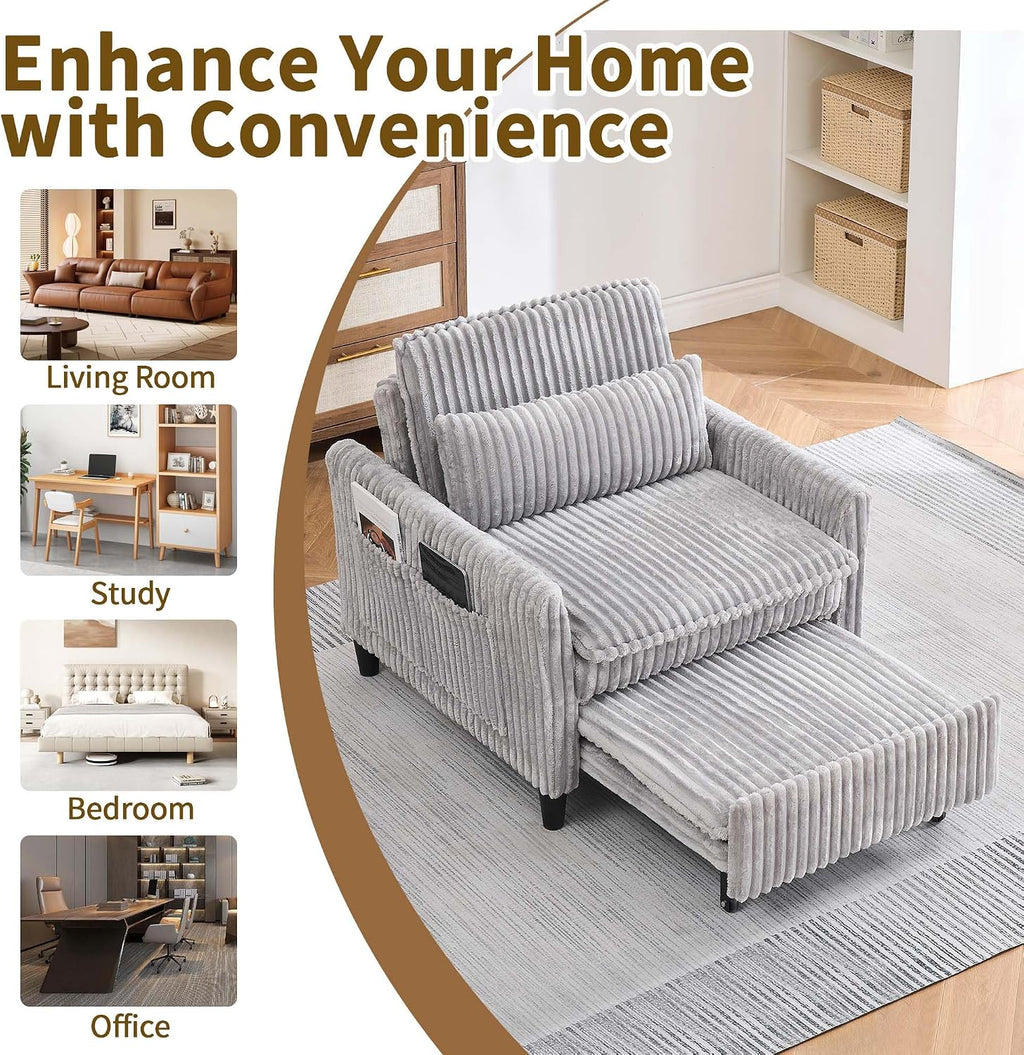 Majnesvon Modern Corduroy Fabric Sofa Bed Futon,3 in 1 Convertible Pullout Bed Sleeper Couches with 3 Reclining Backrests,Small Sofa Chair Bed for Living Room Bedroom (Light Grey)
