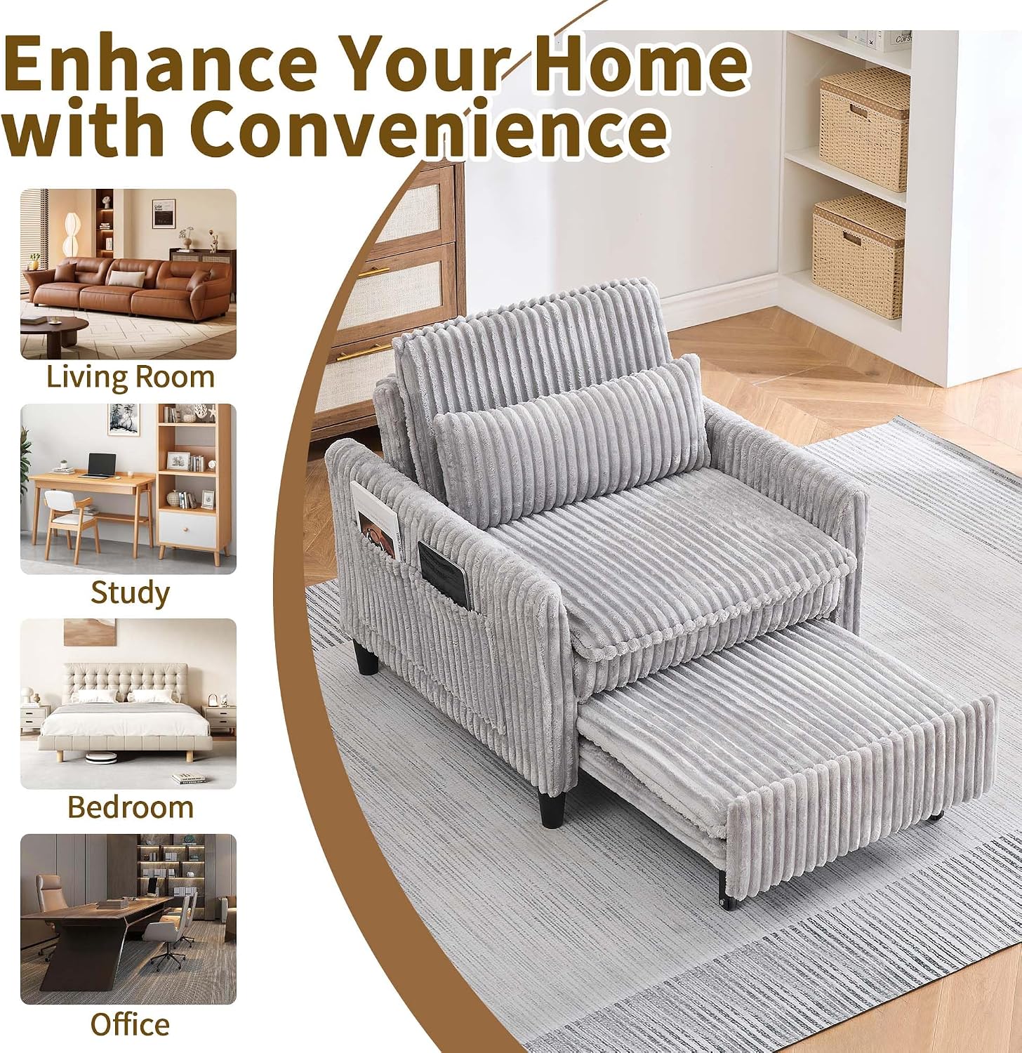 Majnesvon Modern Corduroy Fabric Sofa Bed Futon,3 in 1 Convertible Pullout Bed Sleeper Couches with 3 Reclining Backrests,Small Sofa Chair Bed for Living Room Bedroom (Light Grey)