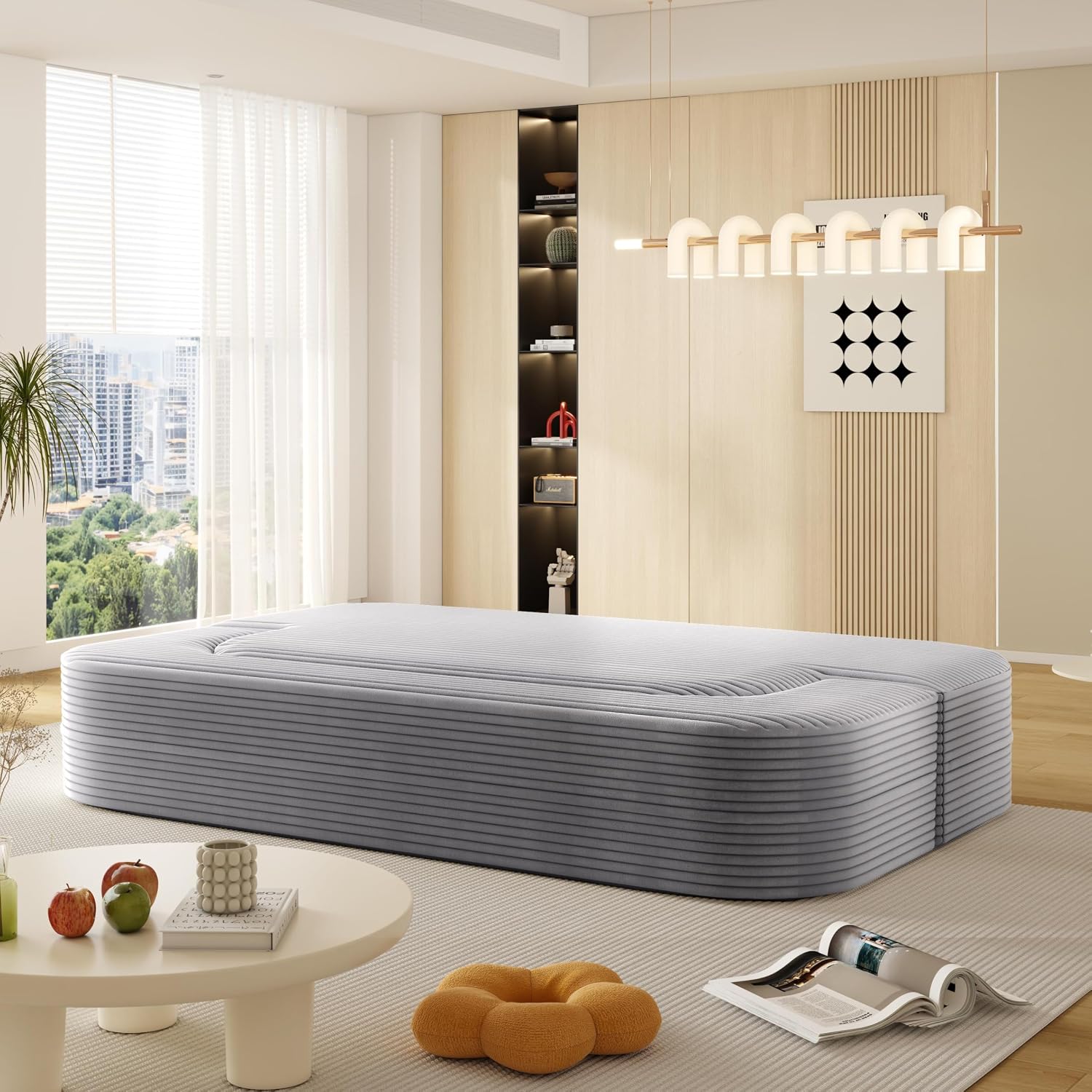 78.7' Convertible Folding Sofa Bed, Queen Sleeper Sofa with Multi Functional Blanket, Corduroy Fabric Floor & Futon Loveseat Couch, Foam Folding Mattress Sleeper for Living Room, Apartment, Light Grey
