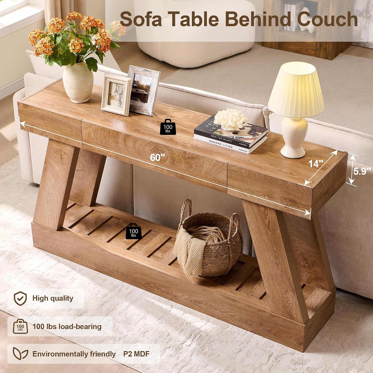 60' Farmhouse Entryway Table with Drawer, Wooden Hallway Foyer Table with Heavy Duty Base, Sofa Table for Living Room(Light Knotty Oak)