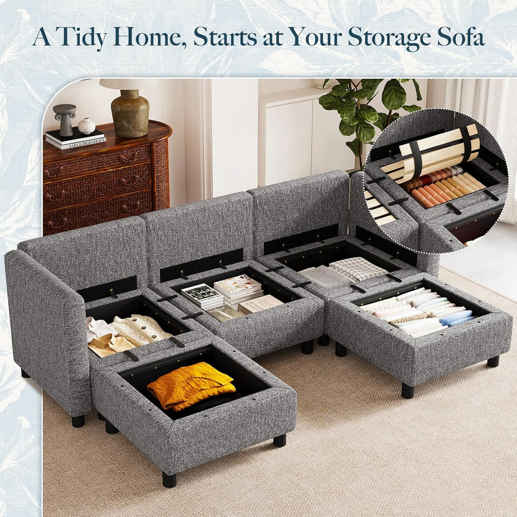 Belffin 84.3' 5 Seats U Shaped Couch Modular Sectional Sofa Washable Sectional Couches for Living Room Comfy Couches with Storage Seat Couch Sofas with Chaise,Grey