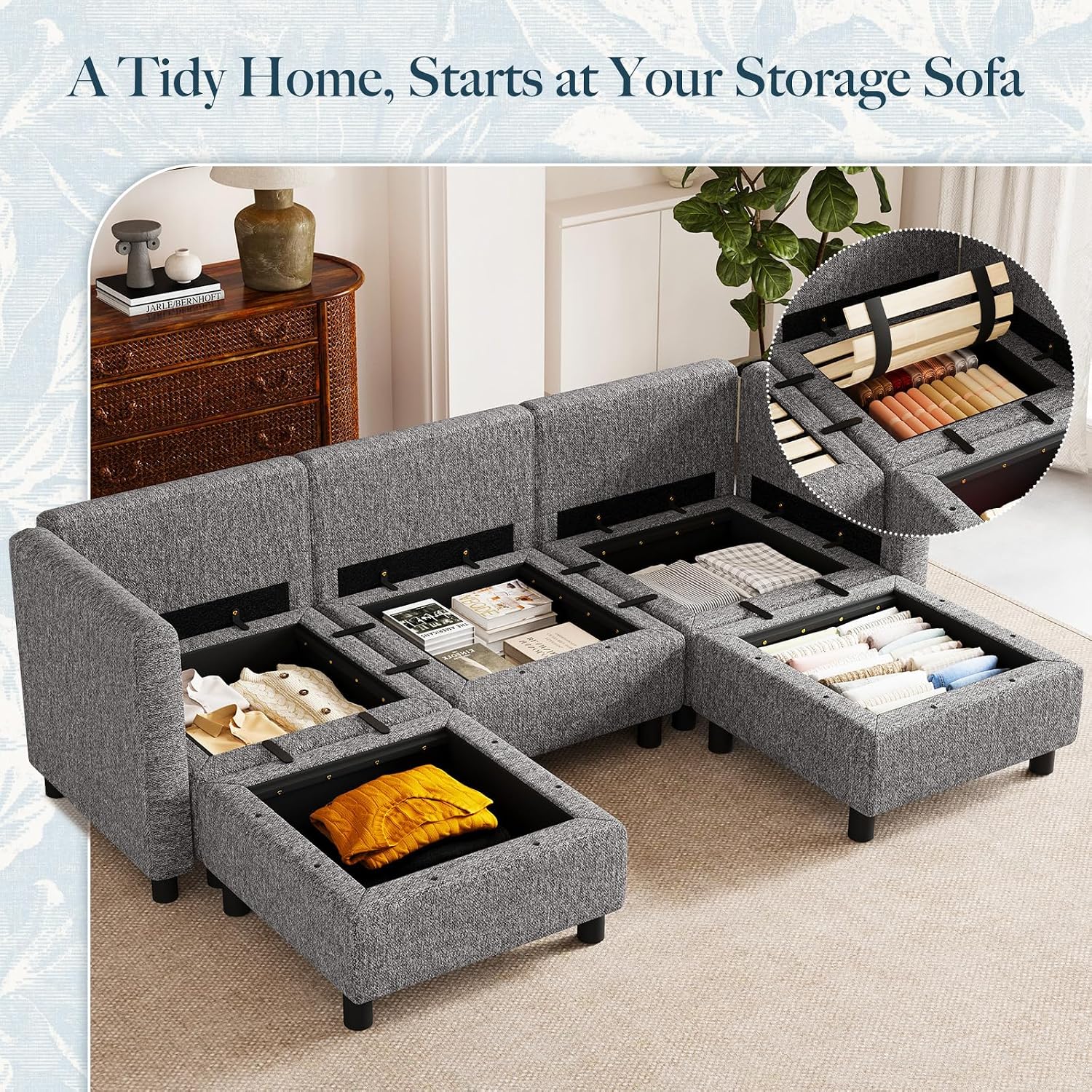 Belffin 84.3' 5 Seats U Shaped Couch Modular Sectional Sofa Washable Sectional Couches for Living Room Comfy Couches with Storage Seat Couch Sofas with Chaise,Grey