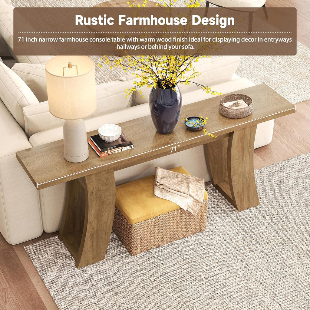 Epecoya 70.9-Inch Wood Console Table for Entryway Living Room, Extra Long Rectangular Natural Sofa Tables with Farmhouse Wooden Curved Base for Home Hallway Couch Foyer Entrance, Light Brown Oak