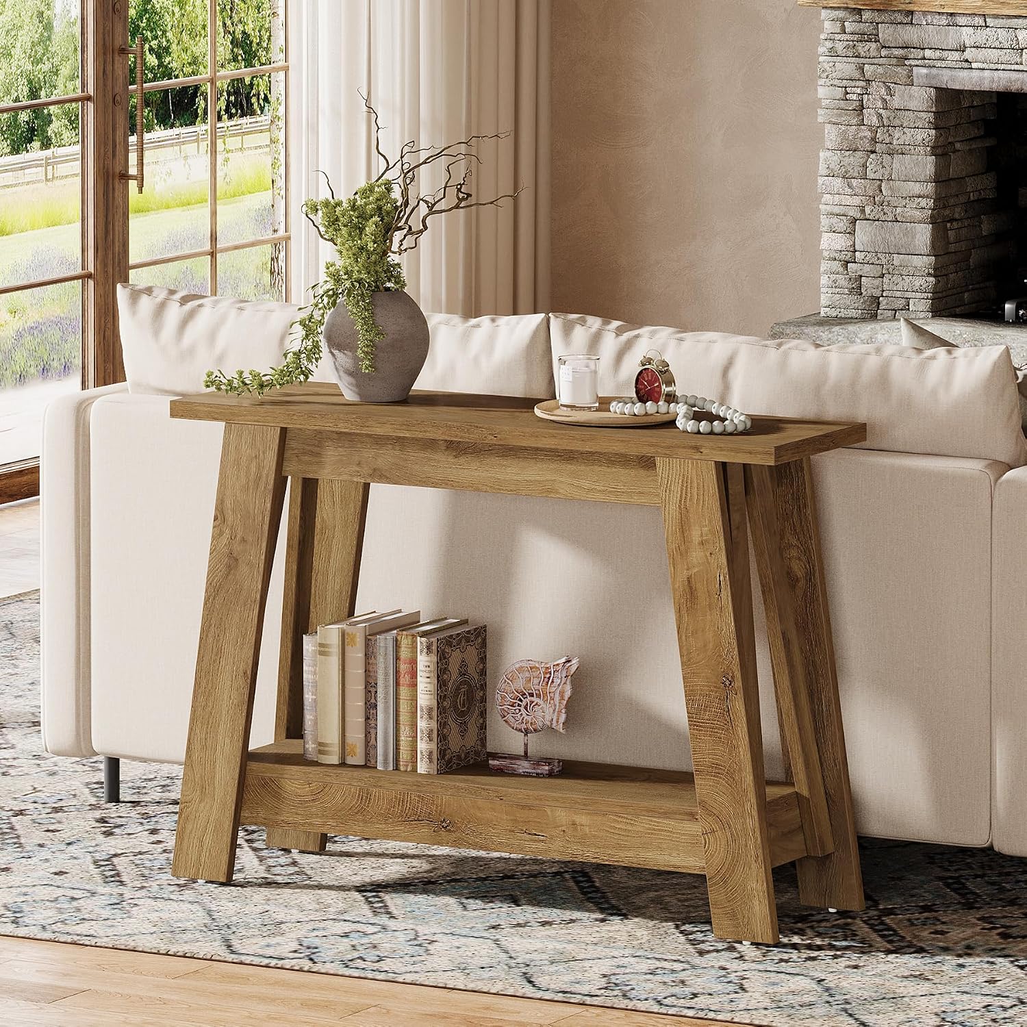 Tribesigns 41.3' Farmhouse Console Table, 2-Tier Wooden Entryway Table with Storage, Rustic Narrow Behind Couch for Living Room, Hallway, Foyer,Natural