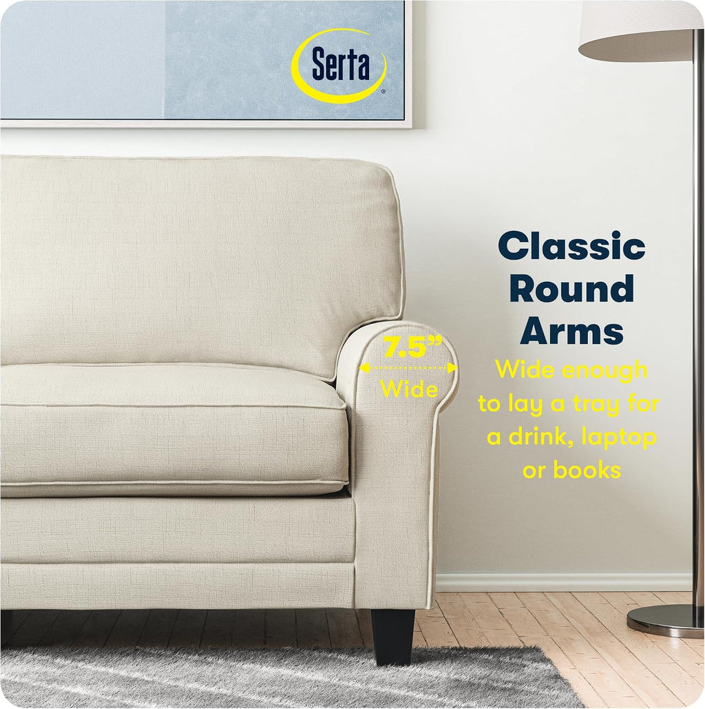 Serta Copenhagen 73' Rolled Arm Sofa, Easy Care Polyester, Soft Pillow Back, Pocket Coil Seat Cushions, Removable Covers, Loveseat or Couch for Small Spaces, Living Rooms or Bedrooms, Buckwheat Beige