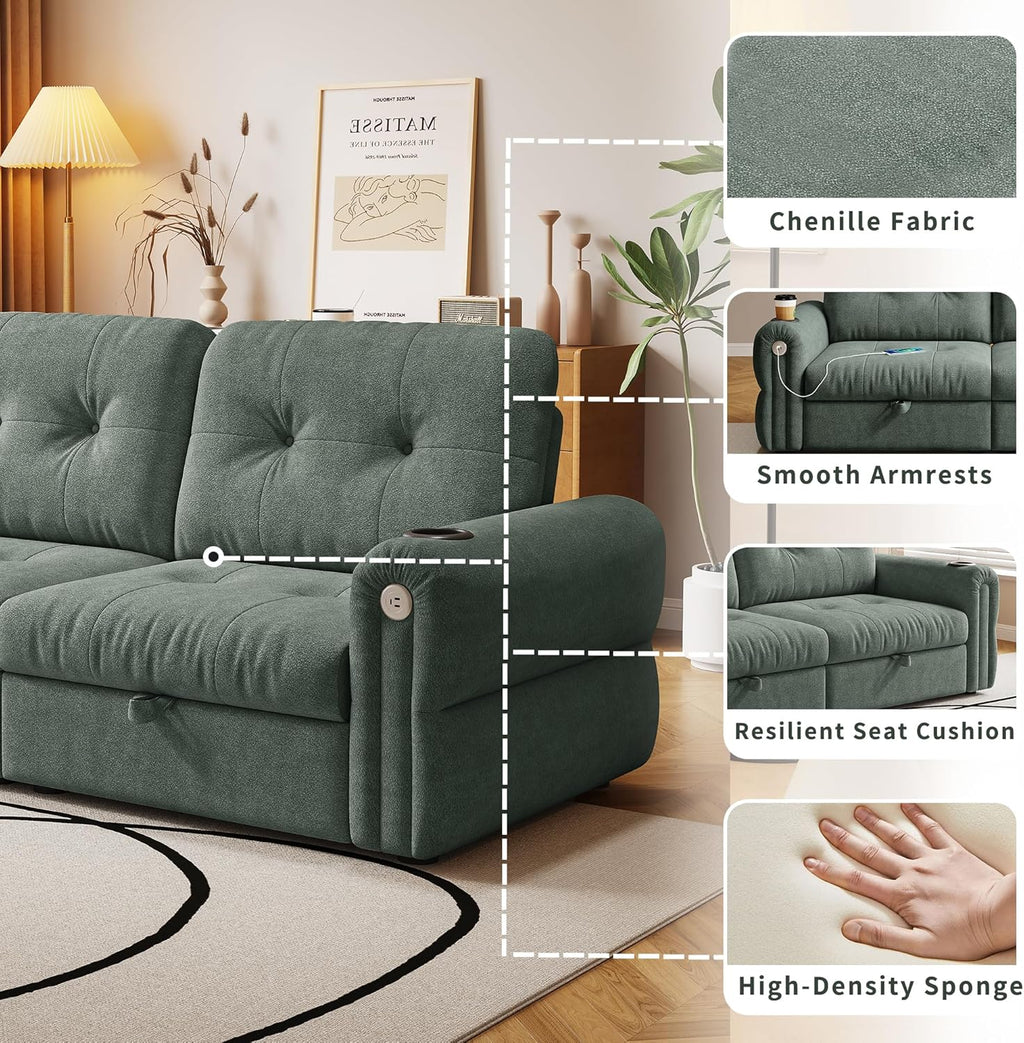 80.4' Queen Sleeper Sofa Bed, 3 in 1 Convertible Pull Out Couch with USB Ports & Cup Holders, Modern Chenille Loveseat Sofabed with Adjustable Backrest for Living Room, Bedroom, Apartment