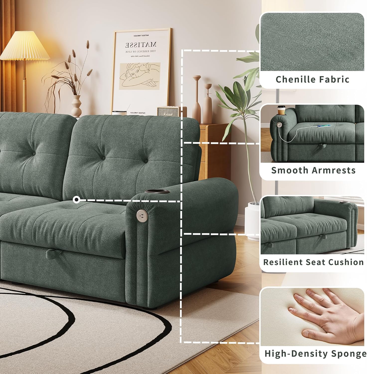 80.4' Queen Sleeper Sofa Bed, 3 in 1 Convertible Pull Out Couch with USB Ports & Cup Holders, Modern Chenille Loveseat Sofabed with Adjustable Backrest for Living Room, Bedroom, Apartment
