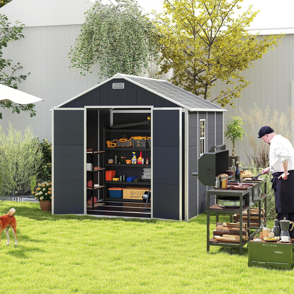 Campcraft 6x6ft Outdoor Storage Shed, Heavy-Duty Resin Plastic Garden Shed with HD Window, Waterproof UV-Resistant Tool Shed for Backyard, Patio & Lawn Equipment 12mm Thick PP Walls (8 x 8 ft)