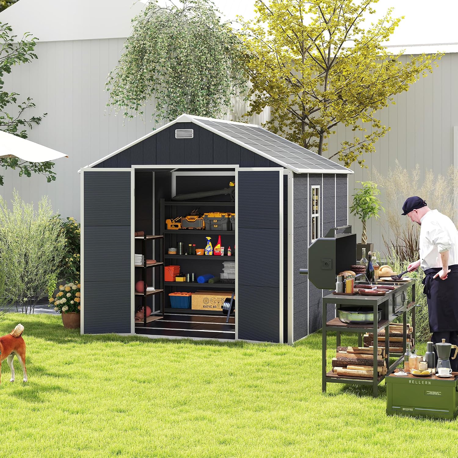 Campcraft 6x6ft Outdoor Storage Shed, Heavy-Duty Resin Plastic Garden Shed with HD Window, Waterproof UV-Resistant Tool Shed for Backyard, Patio & Lawn Equipment 12mm Thick PP Walls (8 x 8 ft)