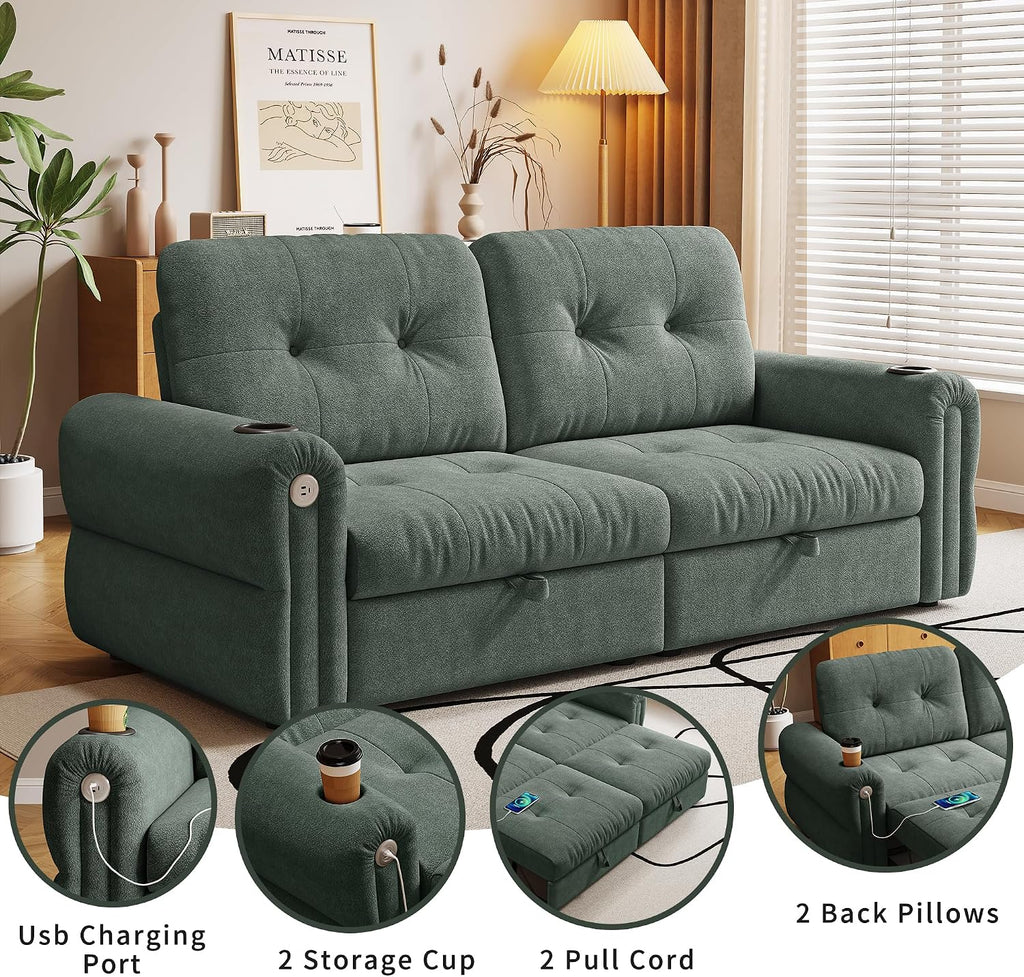80.4' Queen Sleeper Sofa Bed, 3 in 1 Convertible Pull Out Couch with USB Ports & Cup Holders, Modern Chenille Loveseat Sofabed with Adjustable Backrest for Living Room, Bedroom, Apartment