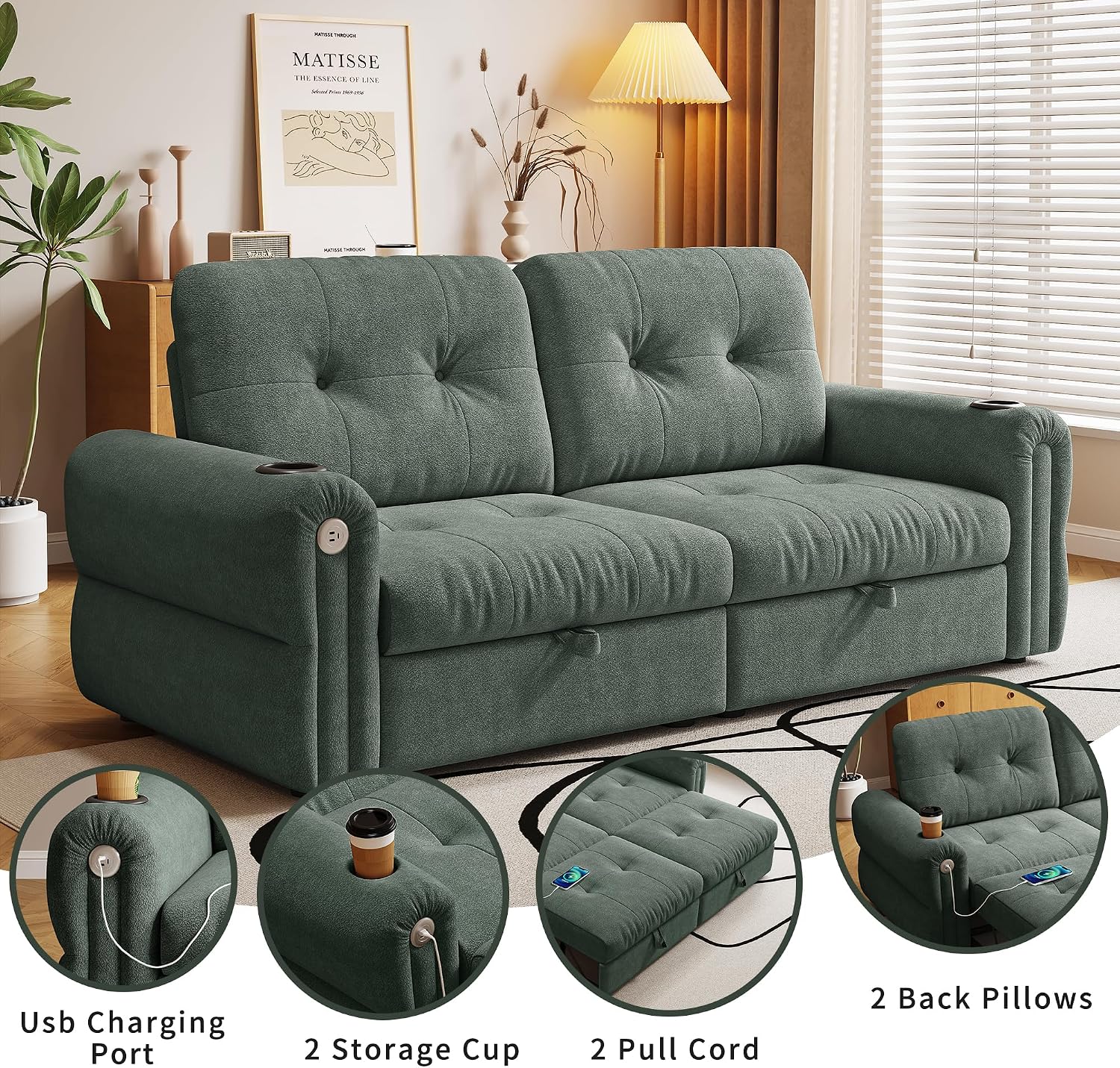 80.4' Queen Sleeper Sofa Bed, 3 in 1 Convertible Pull Out Couch with USB Ports & Cup Holders, Modern Chenille Loveseat Sofabed with Adjustable Backrest for Living Room, Bedroom, Apartment
