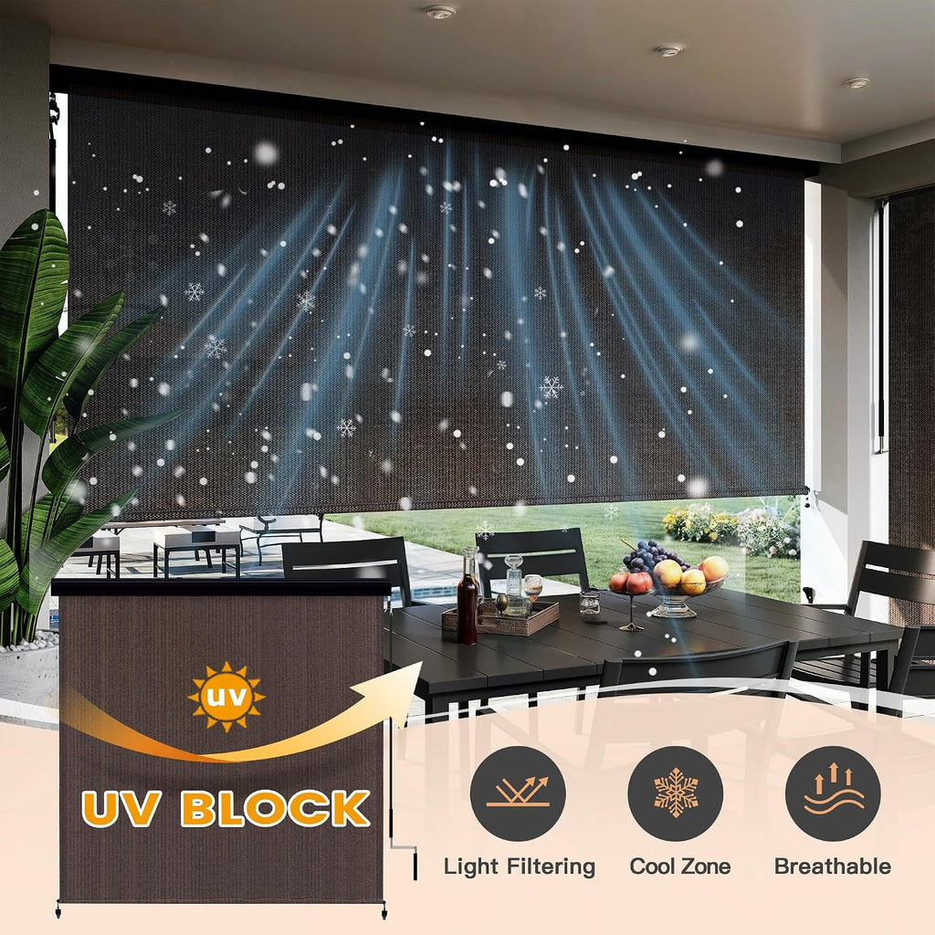 VICLLAX Premium Outdoor Roller Shade, 95% Patio Cordless Blinds with Weather Resistant Valance 8x8FT,Chocolate