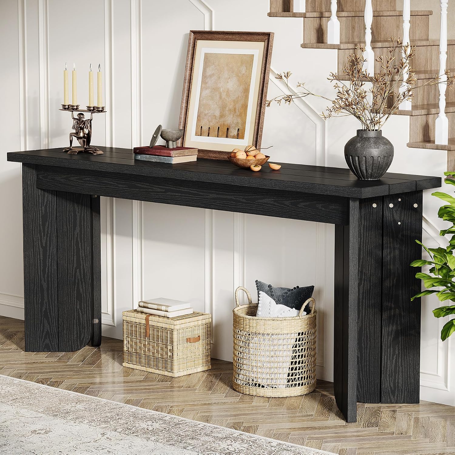 Tribesigns Farmhouse Console Table, 70.9-Inch Extra Long Console Table, Wood Sofa Table Behind Couch with Widened Tabletop & Sturdy Double Pedestal for Living Room, Hallway, Foyer (Black)