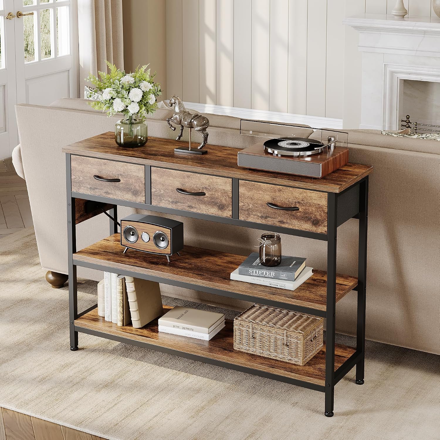 Lulive 2 Pack Entryway Tables with Power Outlets, Console Table with 3 Fabric Drawers, Sofa Table for Living Room, Hallway, Couch, Foyer, Height Adjustable