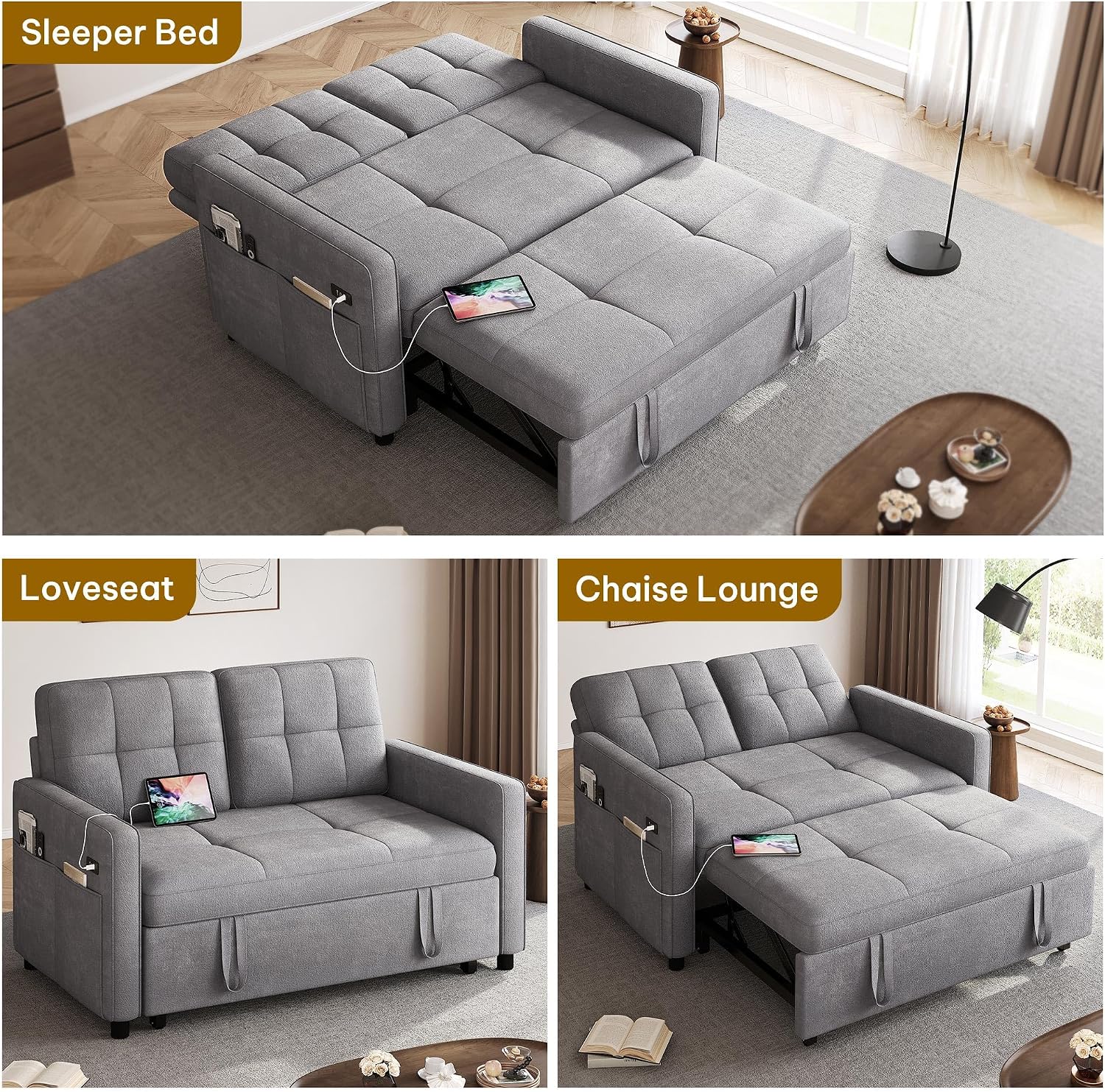 DWVO 55' Convertible Sofa Bed, 3-in-1 Sleeper Sofa with Pull-Out Bed, Velvet Futon Couch with Adjustable Backrest and USB, Modern Loveseat for Living Room Apartment, Light Grey