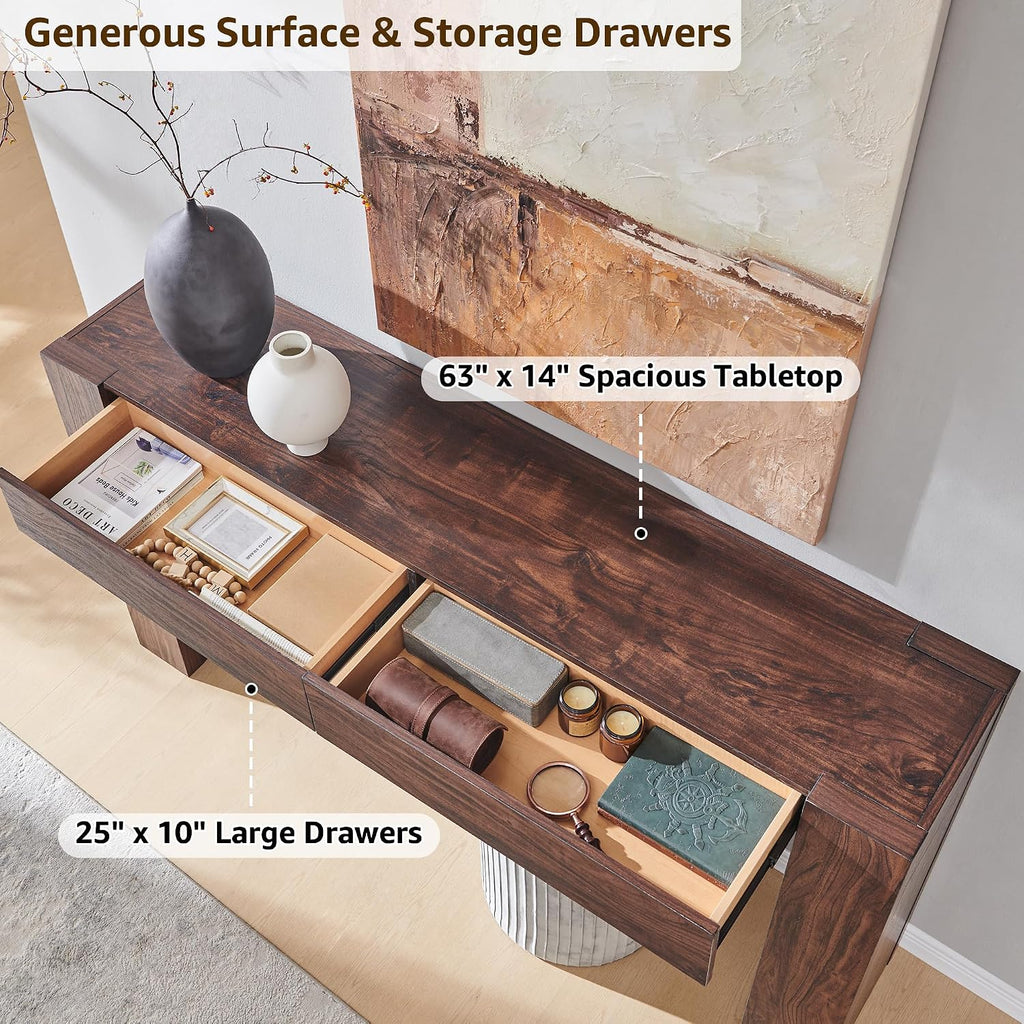 OKD Modern Entryway Console Table, Sofa Table with Drawers, 63' Long Hall Table Behind Couch, Thick Wood Design for Living Room, Hallway - Dark Walnut