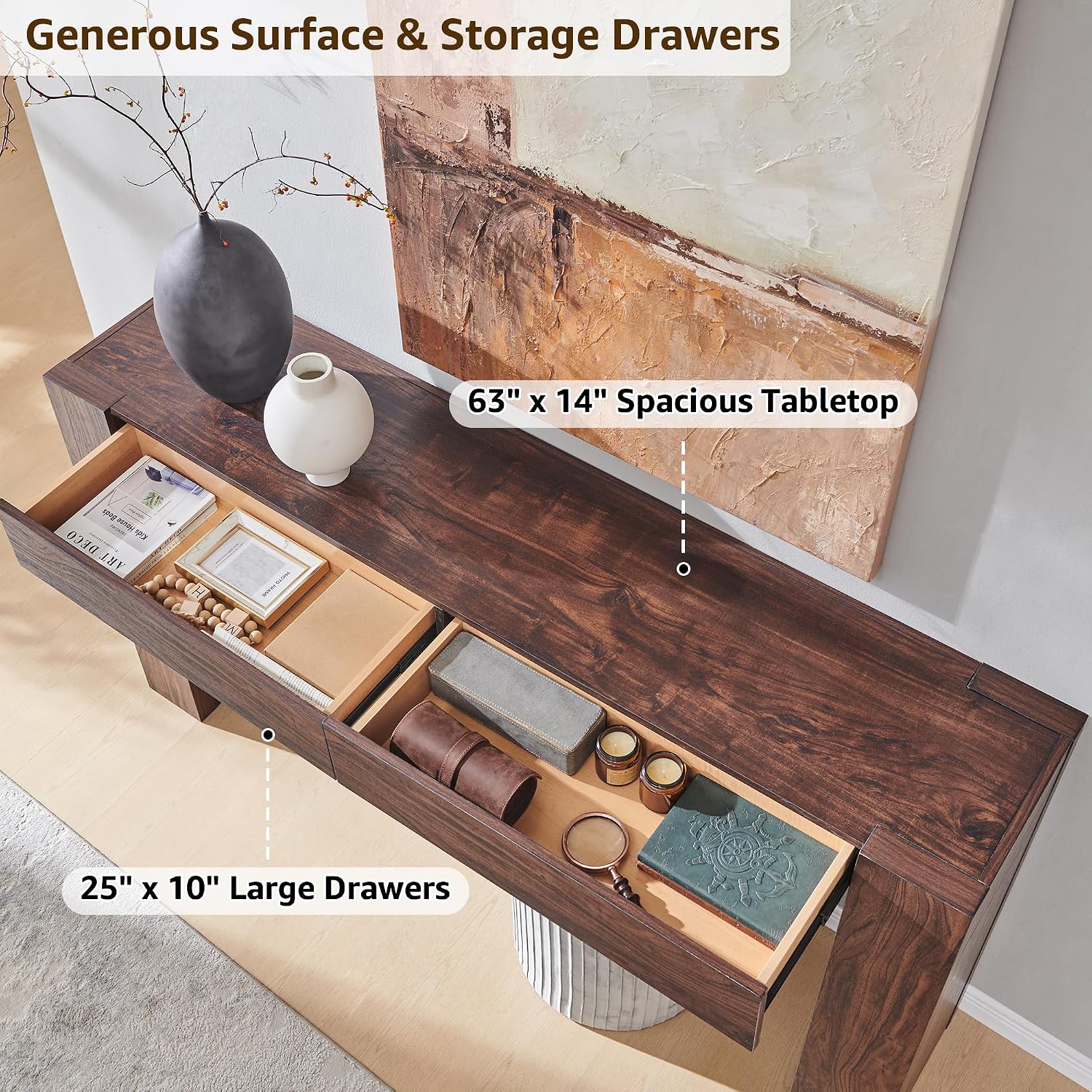 OKD Modern Entryway Console Table, Sofa Table with Drawers, 63' Long Hall Table Behind Couch, Thick Wood Design for Living Room, Hallway - Dark Walnut