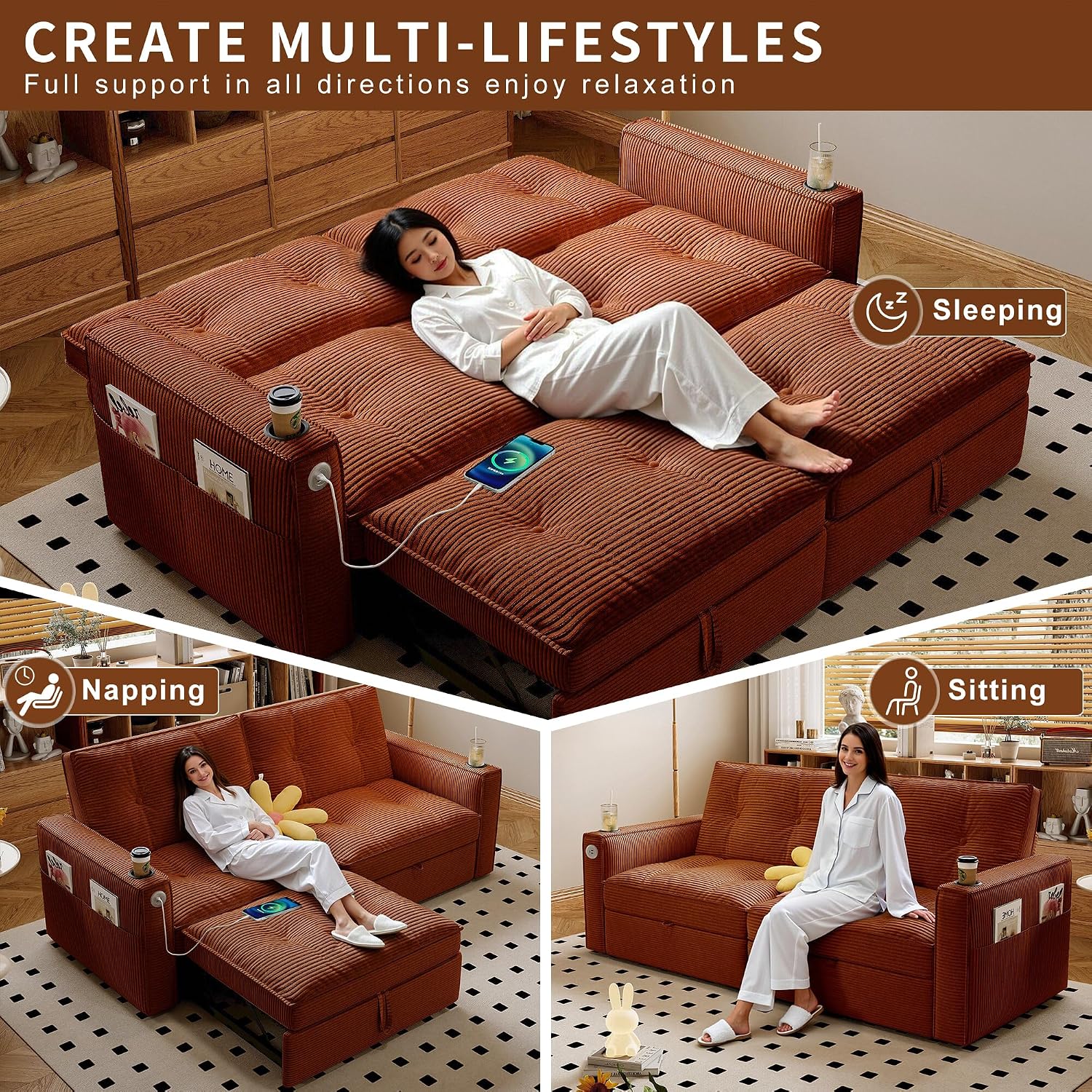 73' Queen Size Sofa Bed, Loveseat Sleeper Sofa with Pull Out Bed, Pockets and USB, Modern 2 Seater Convertible Small Couch for Living Room Bedroom Apartment (Orange, Corduroy)