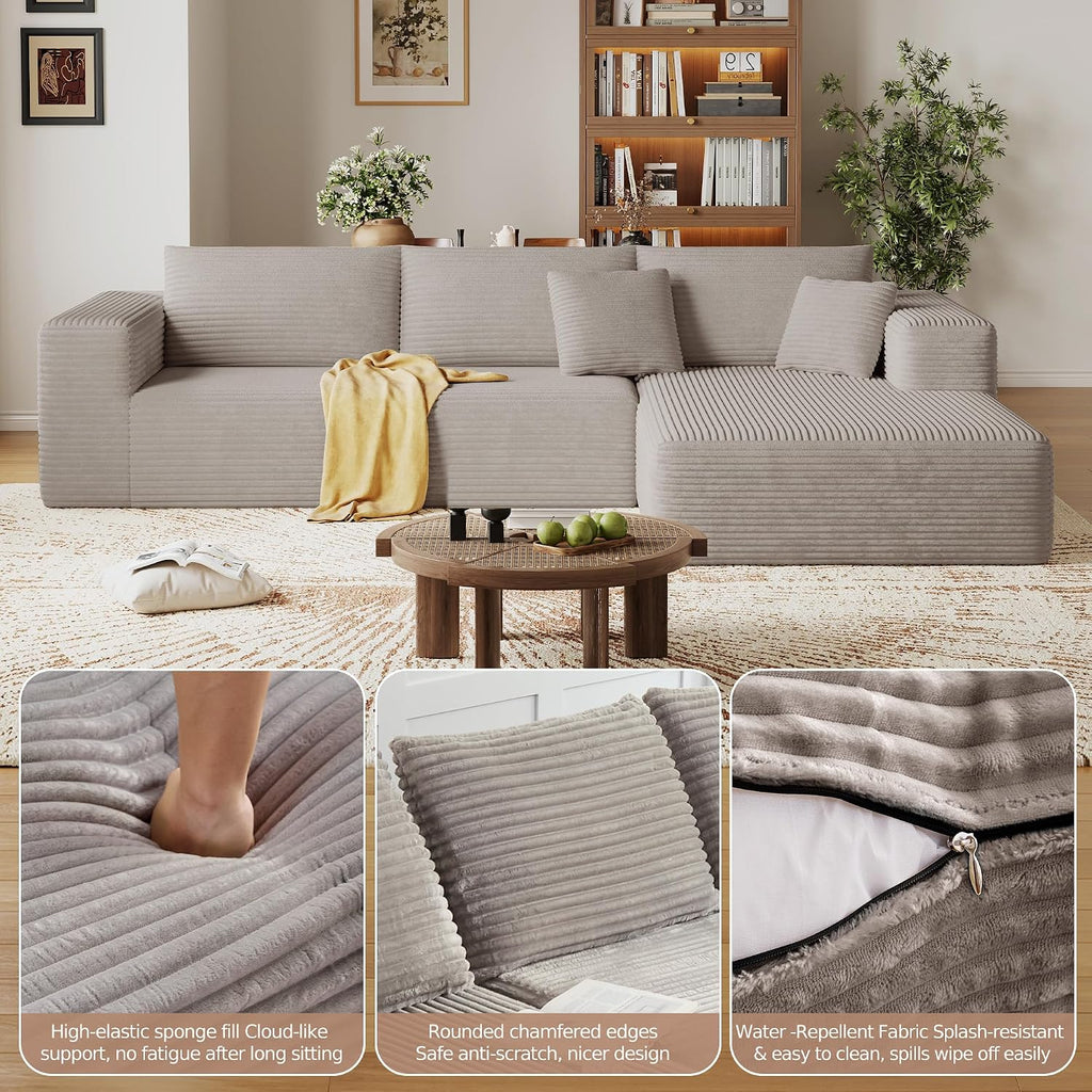 CHORRO108''Sectional Boneless Cloud Sofa,Modern Modular L-Shape Couch for Living Room,Corduroy Convertible Sponge Sleeper Sofas,Upholstered Lougne Chaise Couchs-with Soft Pillow(Camel,Right Chaise)