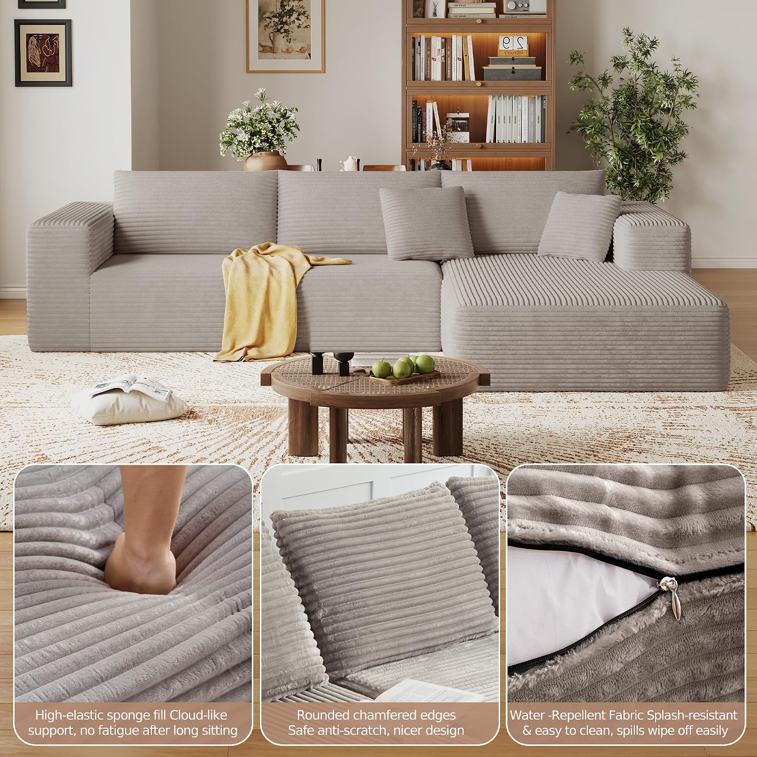 CHORRO108''Sectional Boneless Cloud Sofa,Modern Modular L-Shape Couch for Living Room,Corduroy Convertible Sponge Sleeper Sofas,Upholstered Lougne Chaise Couchs-with Soft Pillow(Camel,Right Chaise)