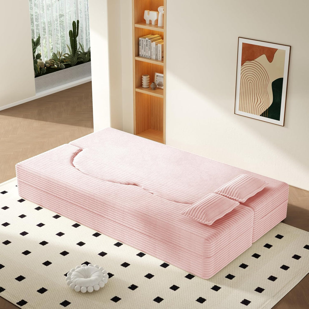 JOYBASE 78' Folding Sofa Bed, Convertible Twin Sleeper Sofa, Minimalist Boneless Cloud Couch for Living Room, Apartment, Bedroom (Baby-Pink Corduroy)