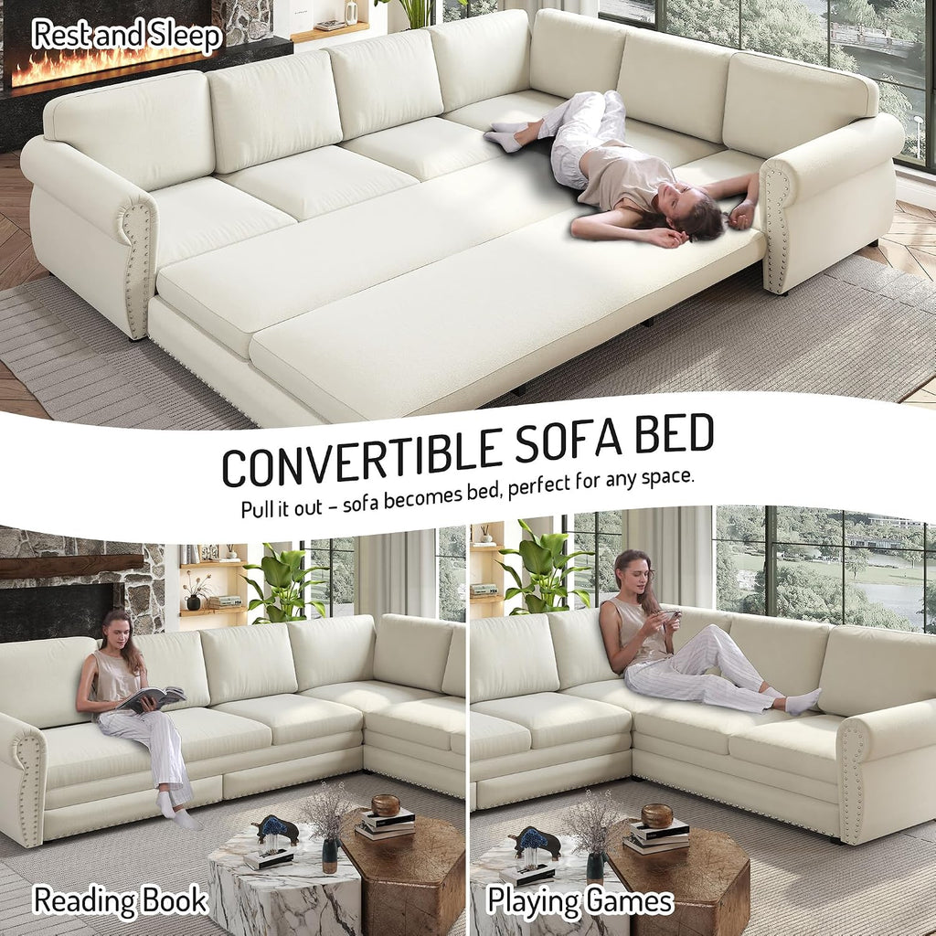 118'' Pull Out Couch, Convertible Sleeper Sofa Bed, Upholstered Sectional Sofa, Chenille L-Shaped Couch with Nailhead Trim, 6-Seater Modern Sectional Couches for Living Room, Apartment, Beige