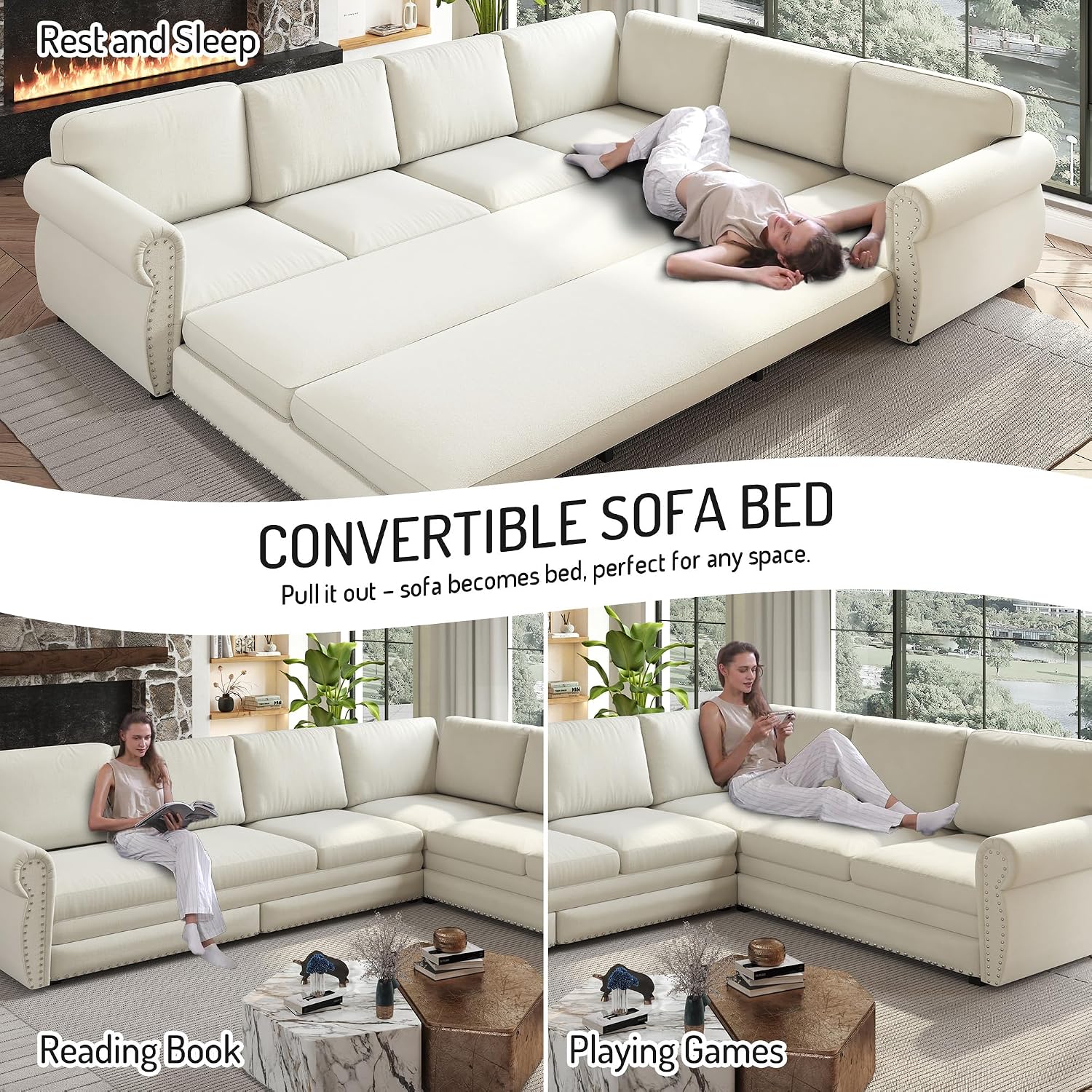118'' Sleeper Sofa Bed, Convertible Pull Out Couch, Upholstered Sectional Sofa, Chenille L-Shaped Couch with Nailhead Trim, 6-Seater Modern Sectional Couches for Living Room, Apartment, Beige