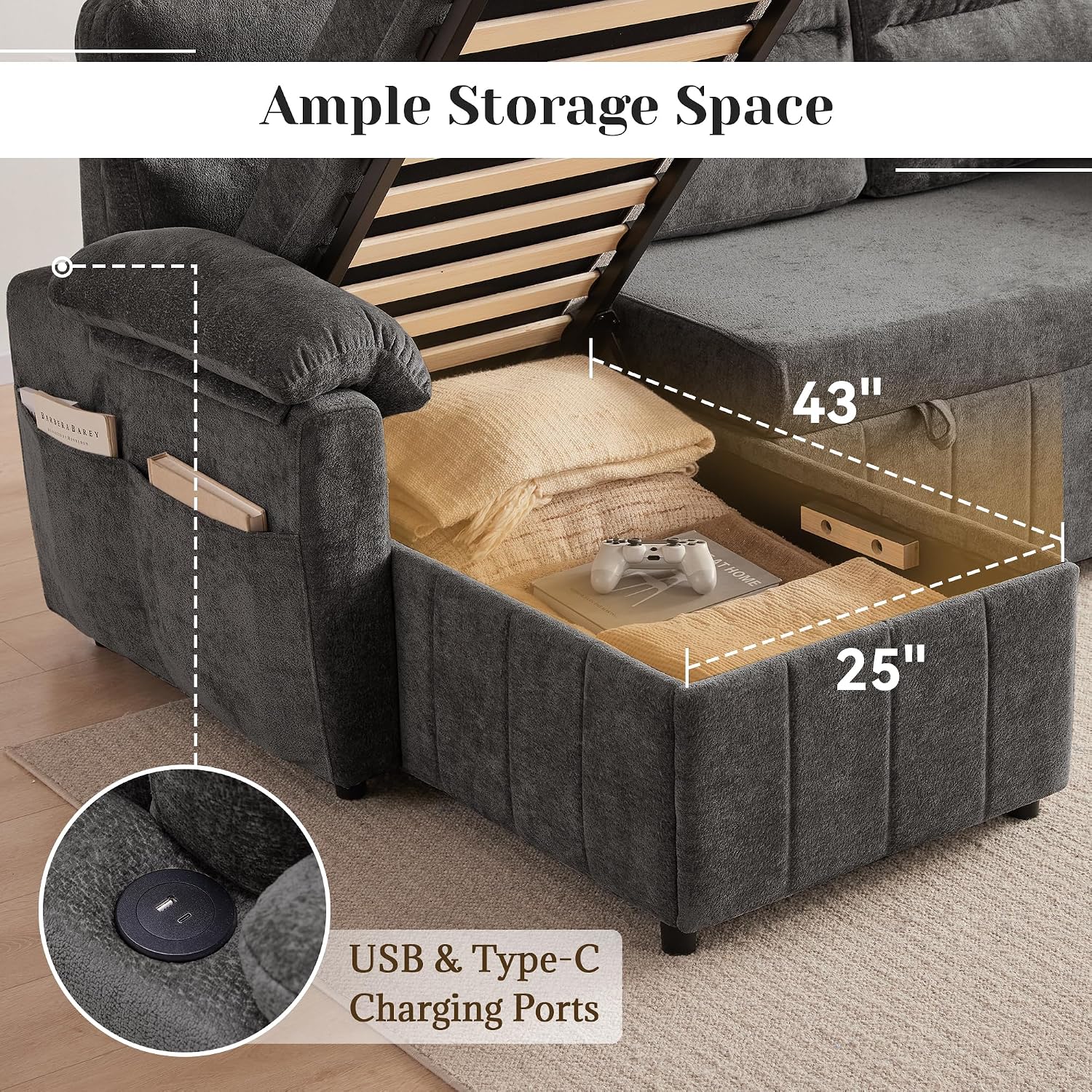 Tbfit 84'' Pull Out Sofa, 3 in 1 Sleeper Sofa Couch with USB & Storage Chaise, Cloud Sofa Bed with Pull Out Bed, Chenille Convertible Sleeper Sofas for Living Room, Small Spaces, Dark Gray