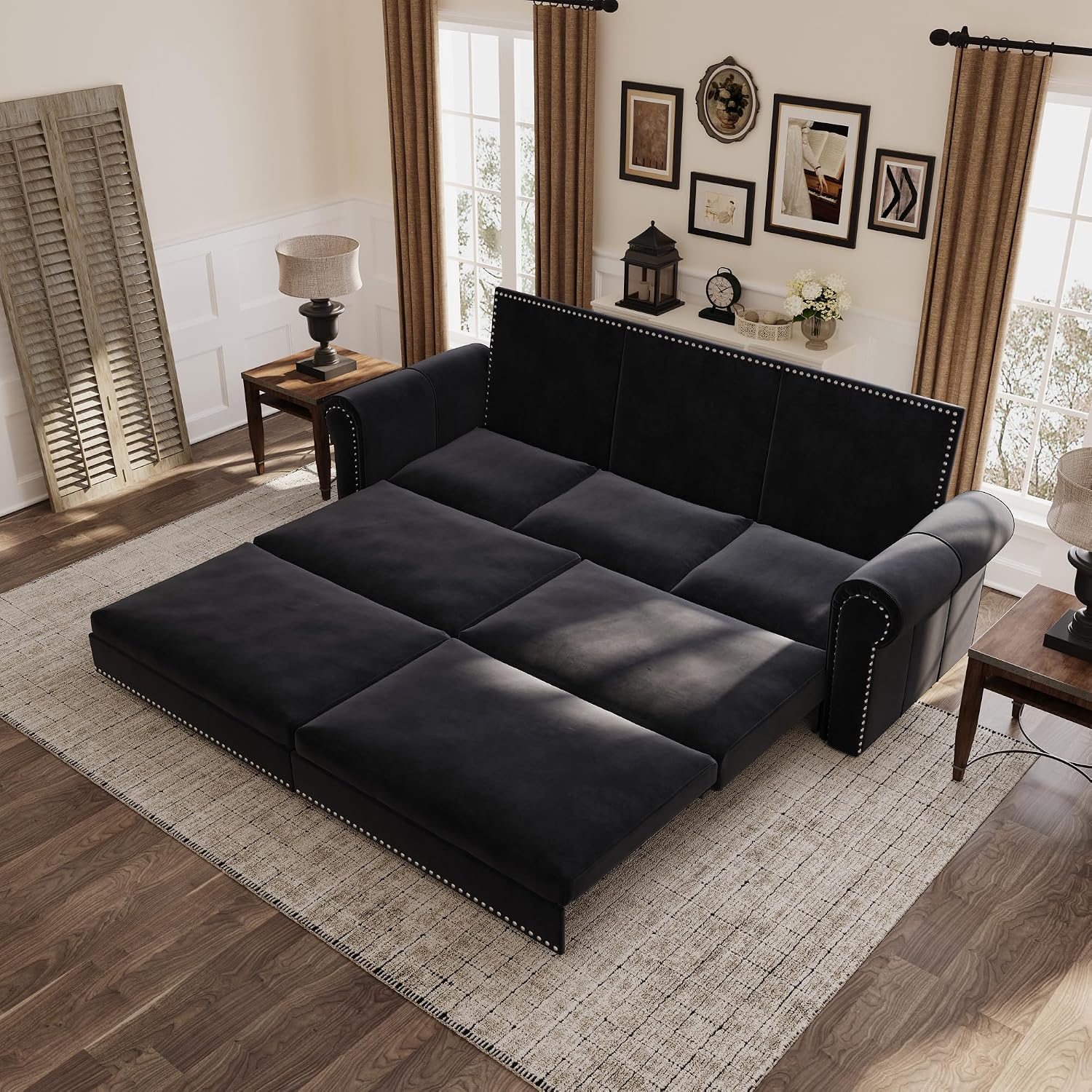 3 in 1 Convertible Sleeper Sofa Bed, 93.7' King Size Sofa Sleeper with Pull Out Bed, Velvet Folding Loveseat Sofa 3-Seater with Deep Seat, Nailhead Trim & Rolled Arm for Living Room