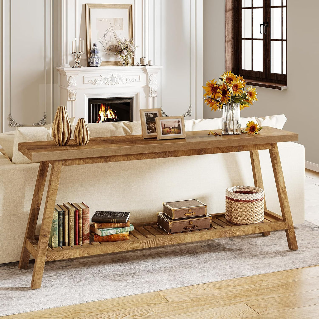 Tribesigns Farmhouse Console Entryway Table: 70.9 Inches Extra Long Console Table for Entryway, 2-Tier Narrow Wood Foyer Sofa Couch Table for Hallway, Entrance, Living Room, Yellow Brown