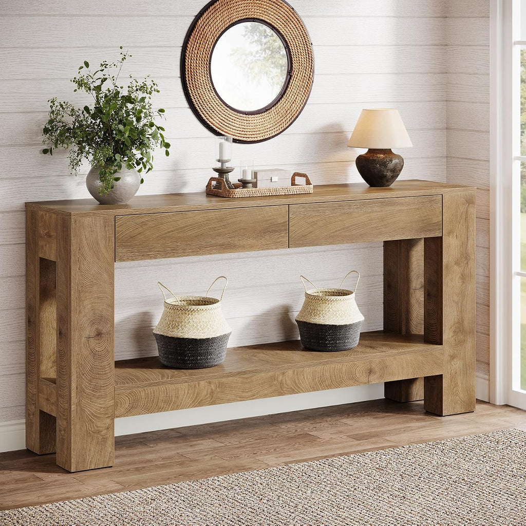 Tribesigns 63' Console Table with 2 Drawers, Farmhouse Entryway Table with Storage Shelf and Sturdy Legs, Wooden Sofa Table for Living Room, Hallway, Entrance (Brown)