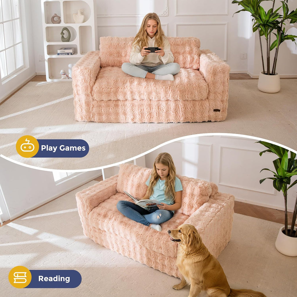 MAXYOYO Loveseat Sofa for Living Room, Small Sofa Couch Tufted Boneless Couch, Comfy Bean Bag Chair for Small Space Bedroom Apartment, No Assembly Needed, Pink