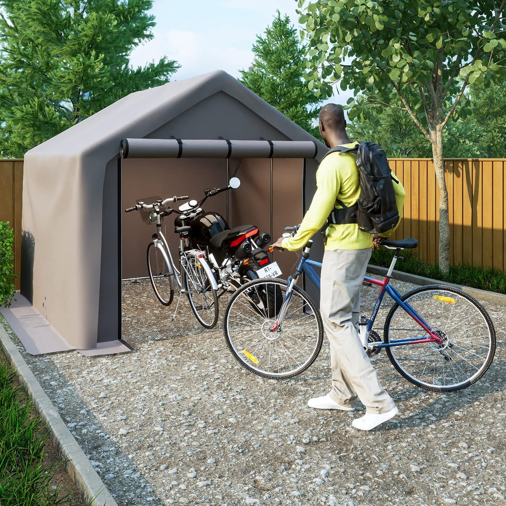 8x8 ft Storage Tent with Roll up Doors, Outdoor Portable Shelter Shed Garage Tent Carport, Waterproof Snowproof for Lawn Mower, Bike, Motorcycleand, Gray