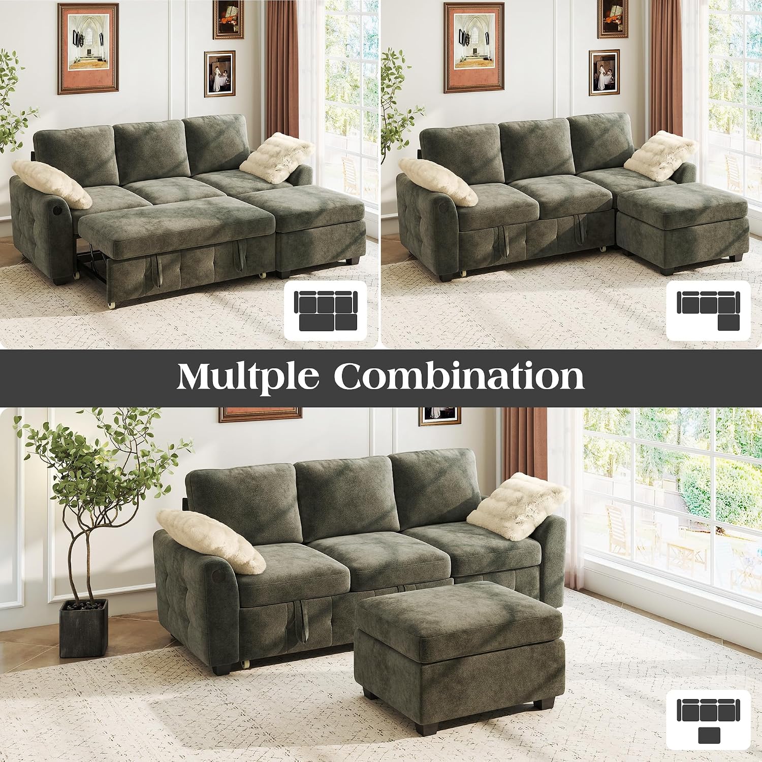 Ihanherry Modular Convertible Sectional Sofa Bed, Reversible Chaise & Storage Ottoman, 3-Seater Pull Out Sleeper with USB Ports & Chenille Fabric, for Small Space, Living Room, Apartment（Gray）